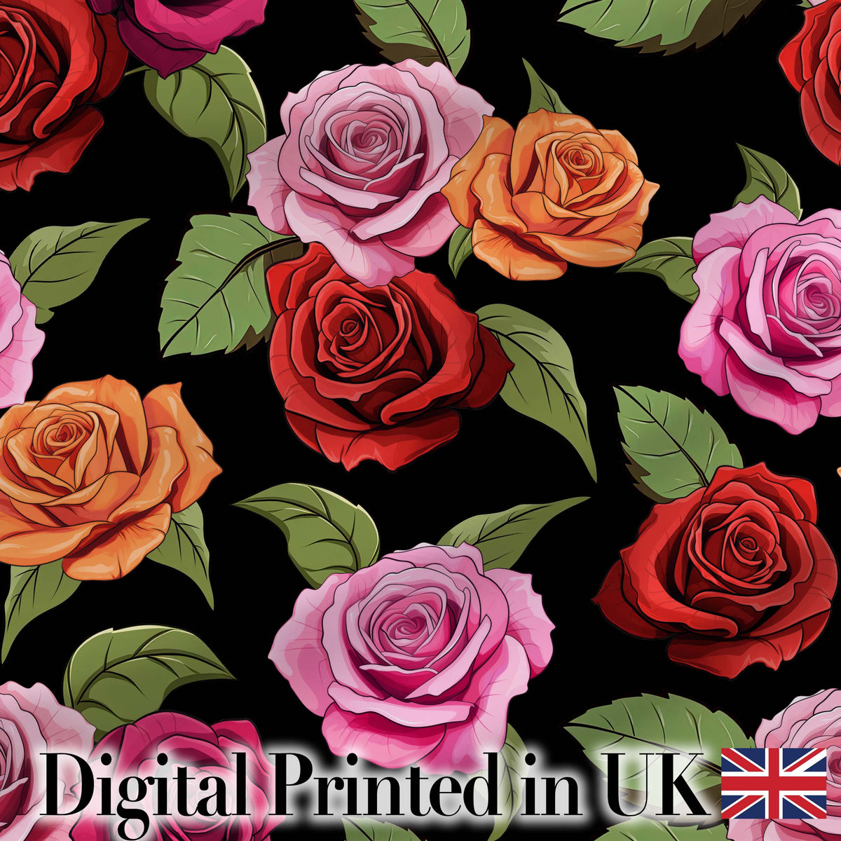 Bold Colorful Rose Flowers Seamless Pattern Black Background Digital Print Fabric by the Metre UK Sewing Quilting Textile