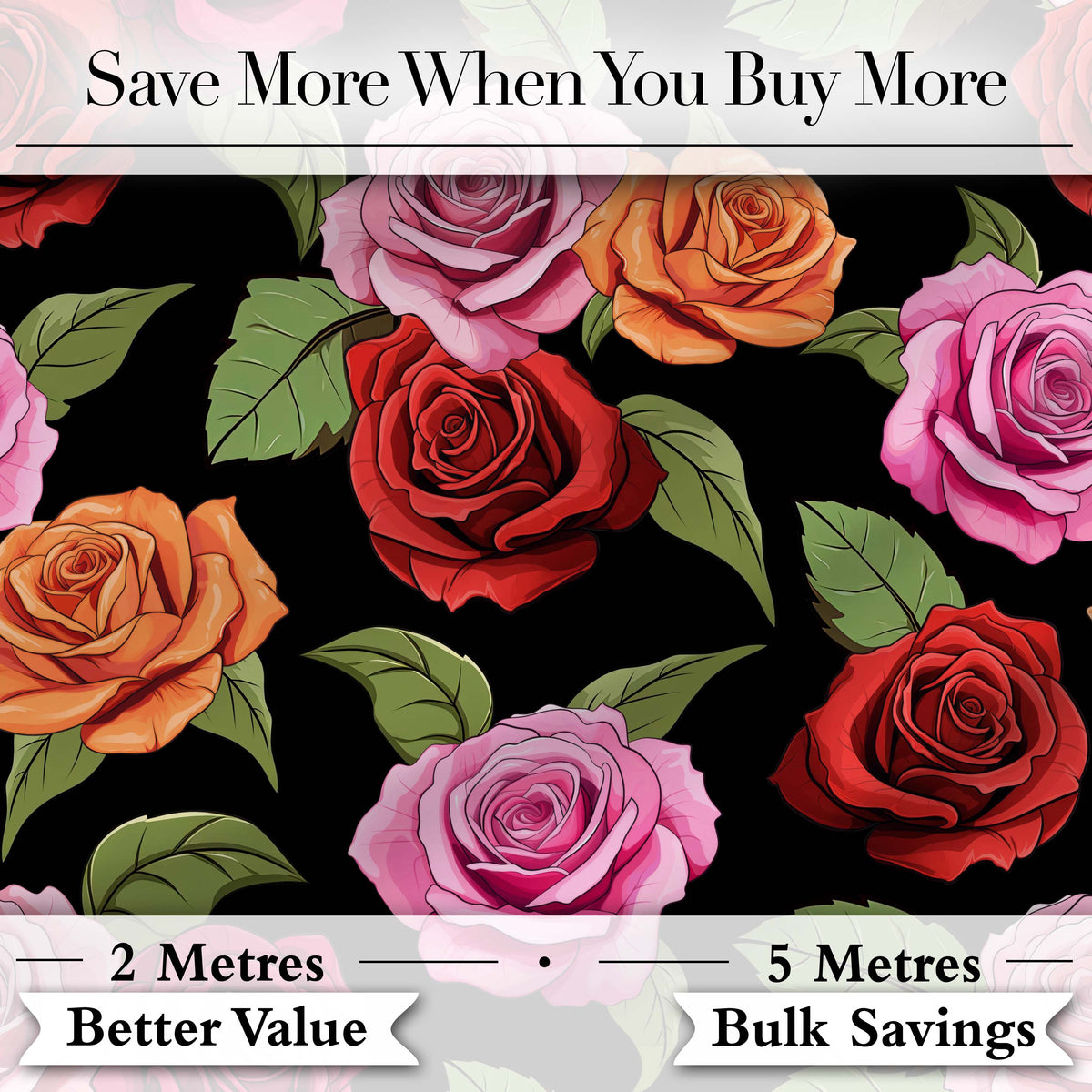 Bold Colorful Rose Flowers Seamless Pattern Black Background Digital Print Fabric by the Metre UK Sewing Quilting Textile