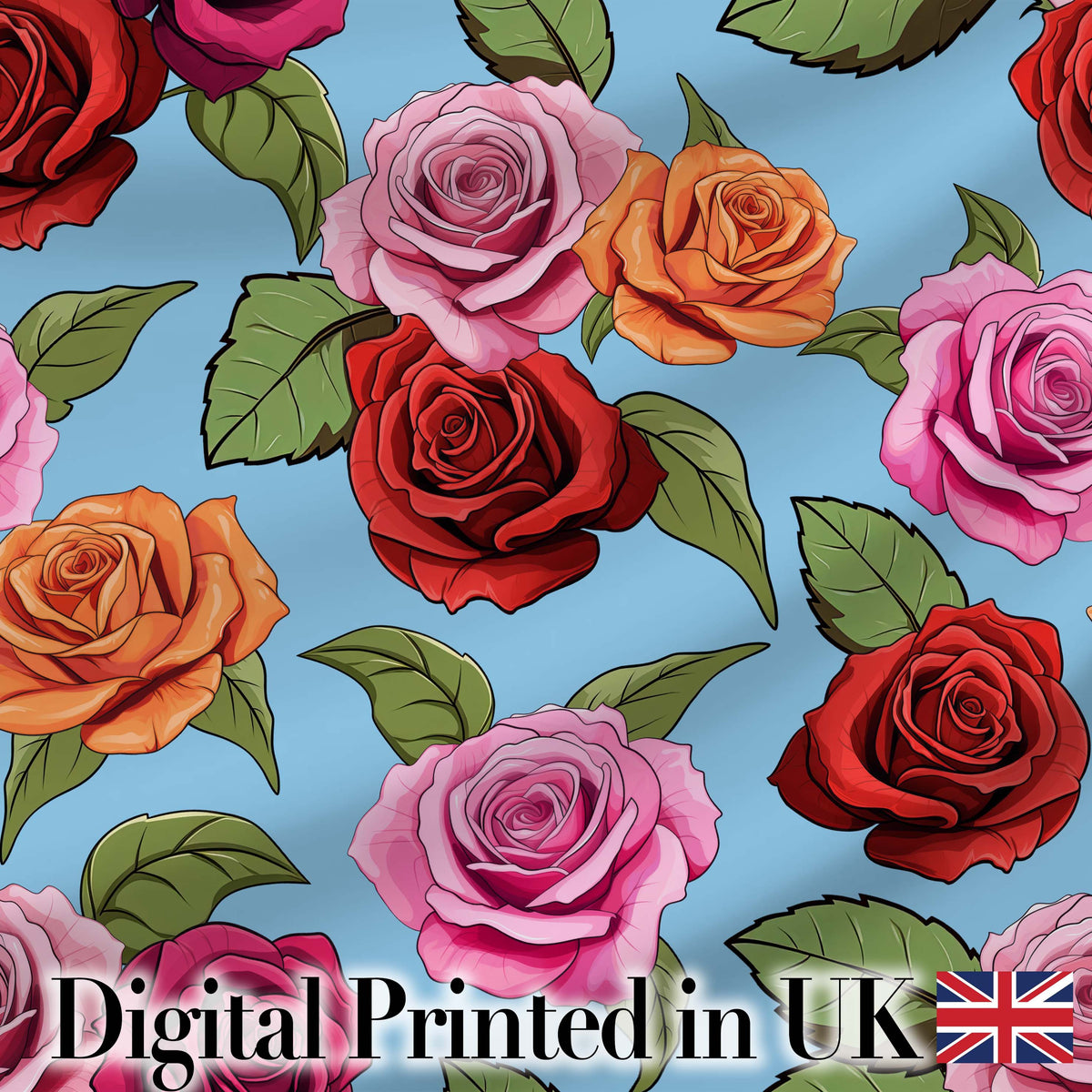 Bold Colorful Rose Flowers Seamless Pattern Blue Background Digital Print Fabric by the Metre UK Sewing Quilting Textile
