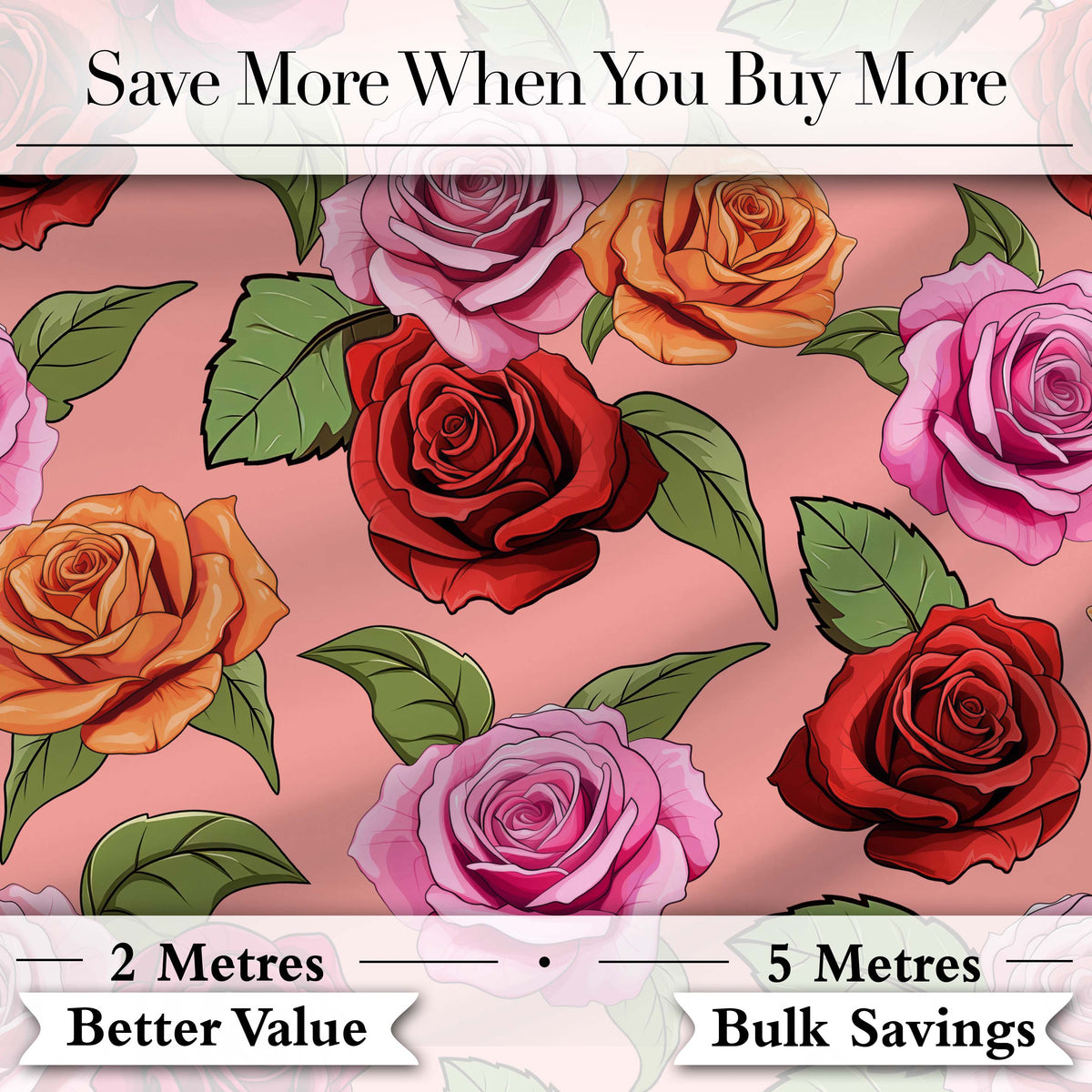 Bold Colorful Rose Flowers Seamless Pattern Coral Pink Background Digital Print Fabric by the Metre UK Sewing Quilting Textile