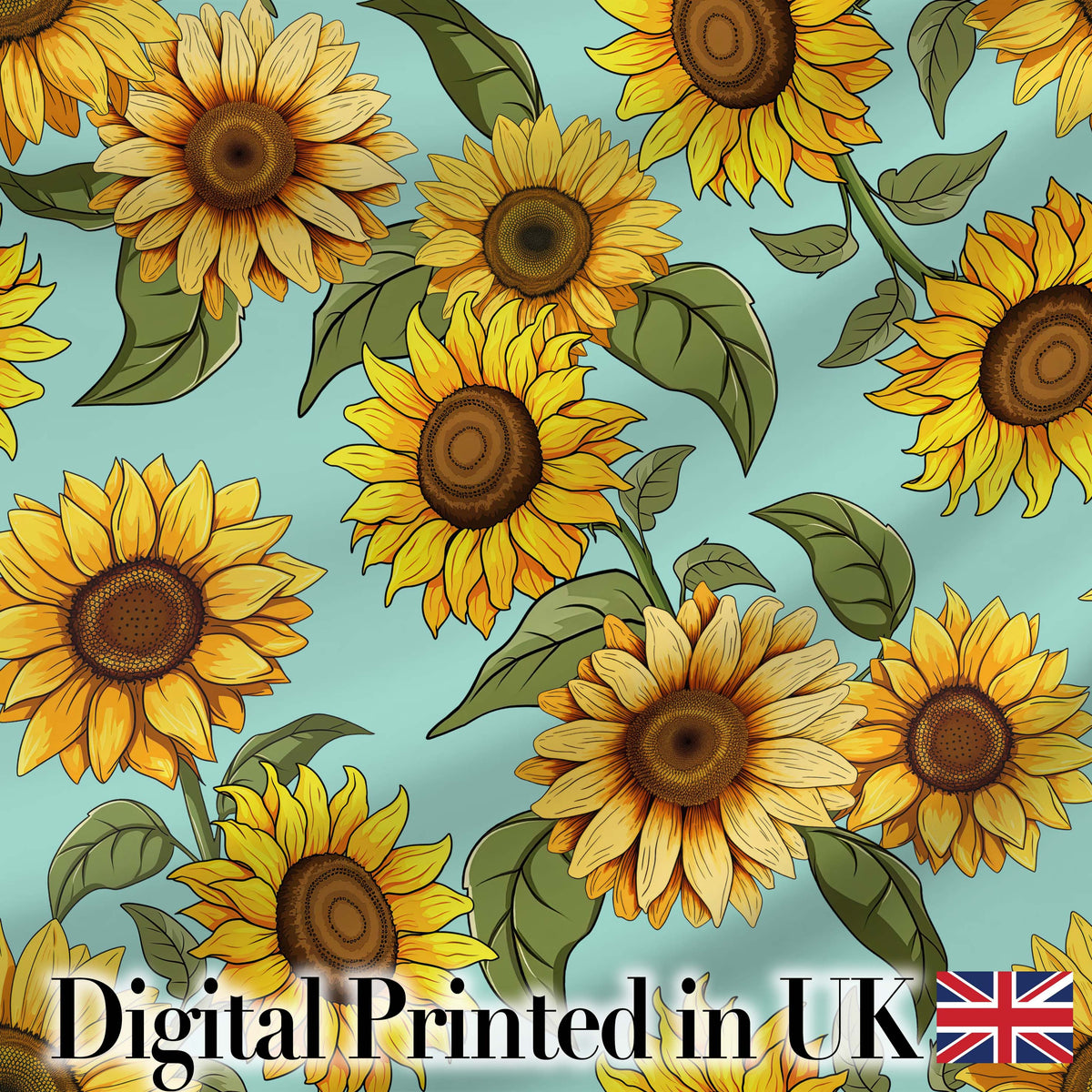 Bright Yellow Sunflower Floral Seamless Pattern Teal Blue Background Digital Print Fabric by the Metre UK Sewing Quilting Textile
