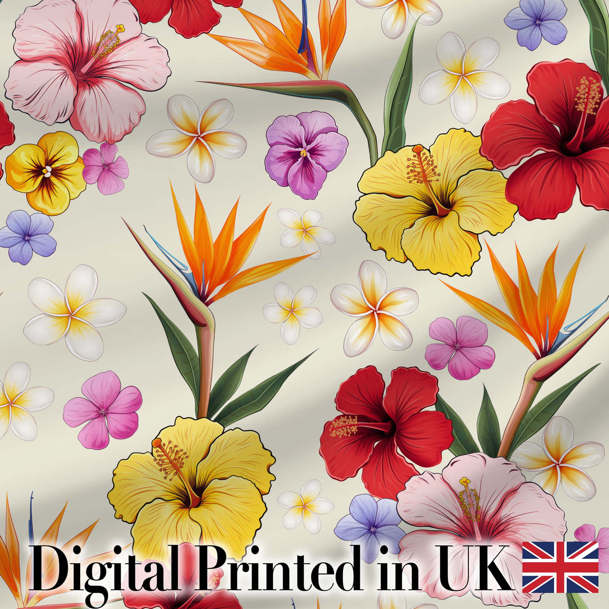 Tropical Hibiscus and Bird of Paradise Floral Seamless Pattern Cream Background Digital Print Fabric by the Metre UK Sewing Quilting Textile