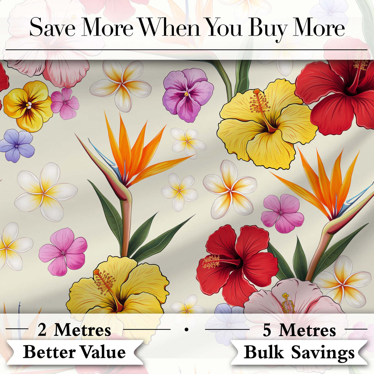 Tropical Hibiscus and Bird of Paradise Floral Seamless Pattern Cream Background Digital Print Fabric by the Metre UK Sewing Quilting Textile