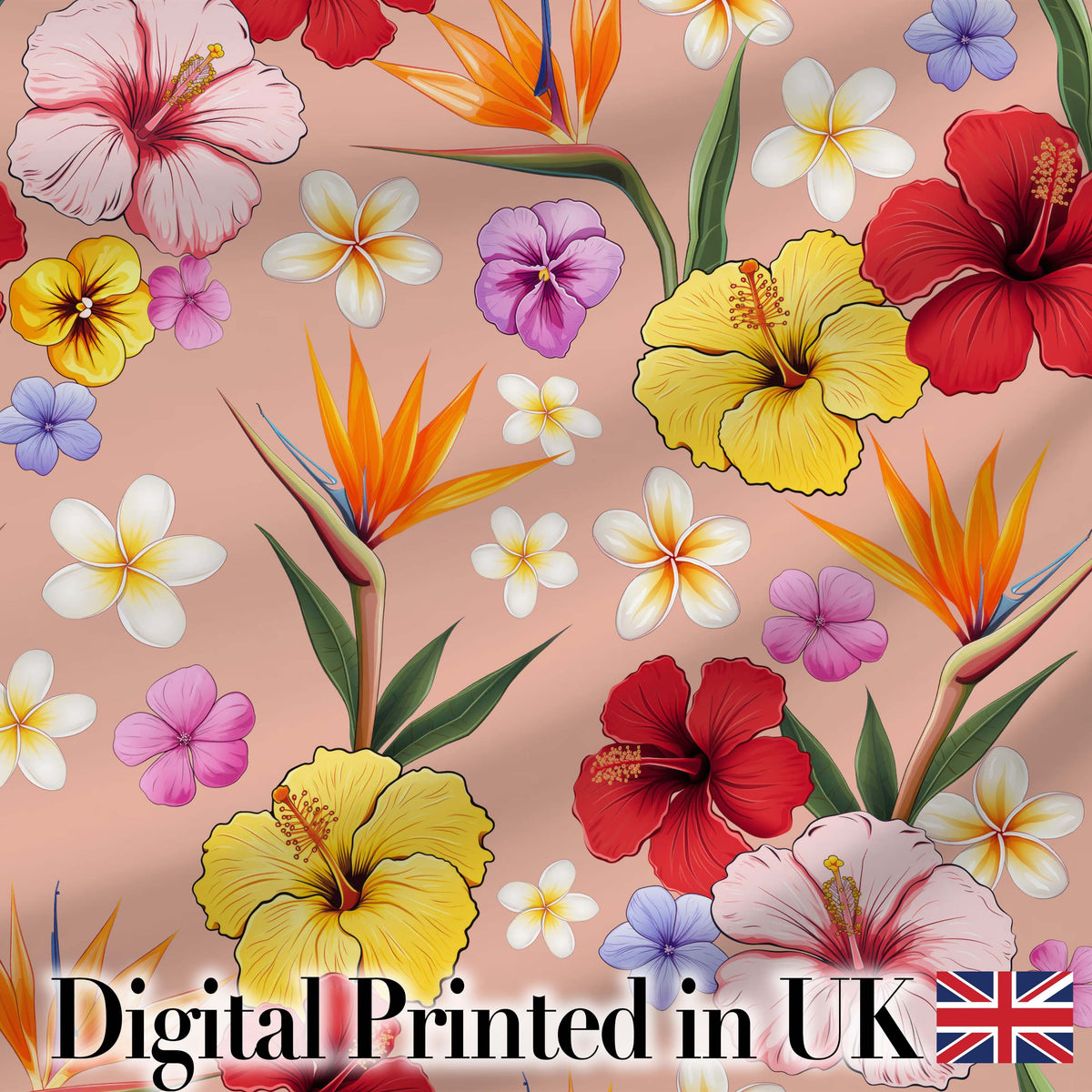 Tropical Hibiscus Bird of Paradise Floral Seamless Pattern Warm Beige Digital Print Fabric by the Metre UK Sewing Quilting Textile