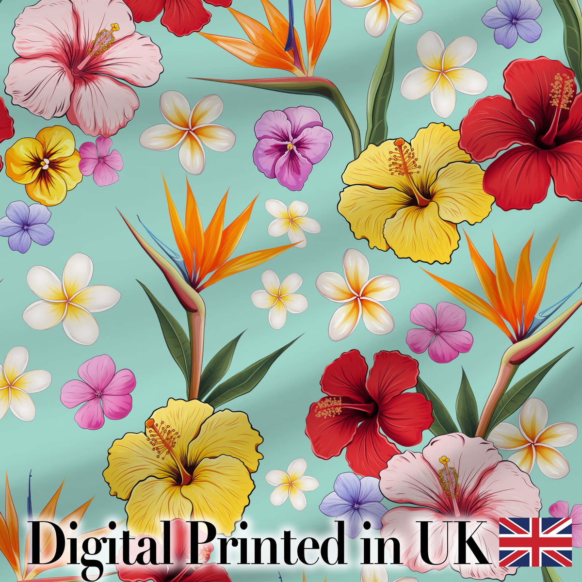 Tropical Hibiscus Bird of Paradise Floral Seamless Pattern Teal Blue Background Digital Print Fabric by the Metre UK Sewing Quilting Textile