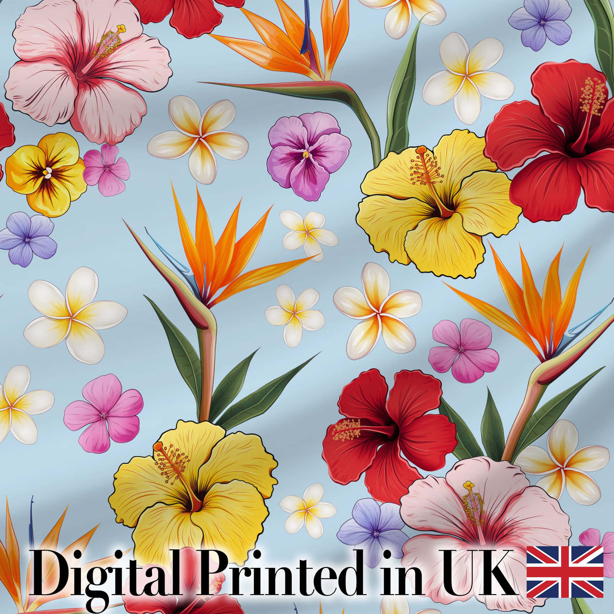 Tropical Hibiscus Bird of Paradise Floral Seamless Pattern Soft Blue Background Digital Print Fabric by the Metre UK Sewing Quilting Textile
