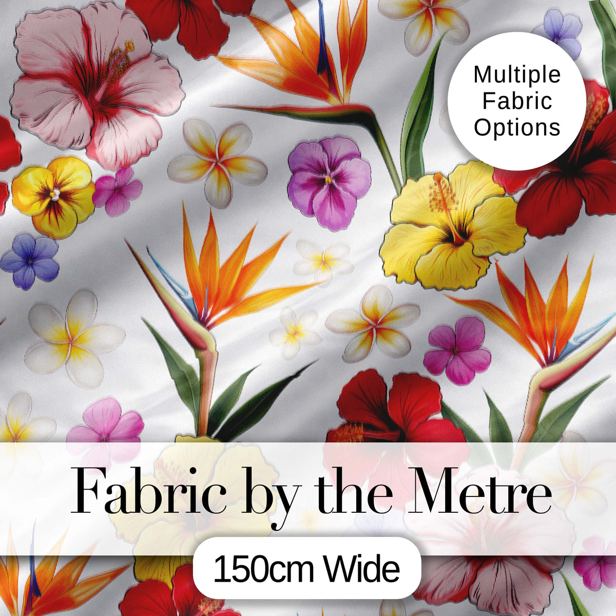 Tropical Hibiscus Bird of Paradise Floral Seamless Pattern Clean White Digital Print Fabric by the Metre UK Sewing Quilting Textile