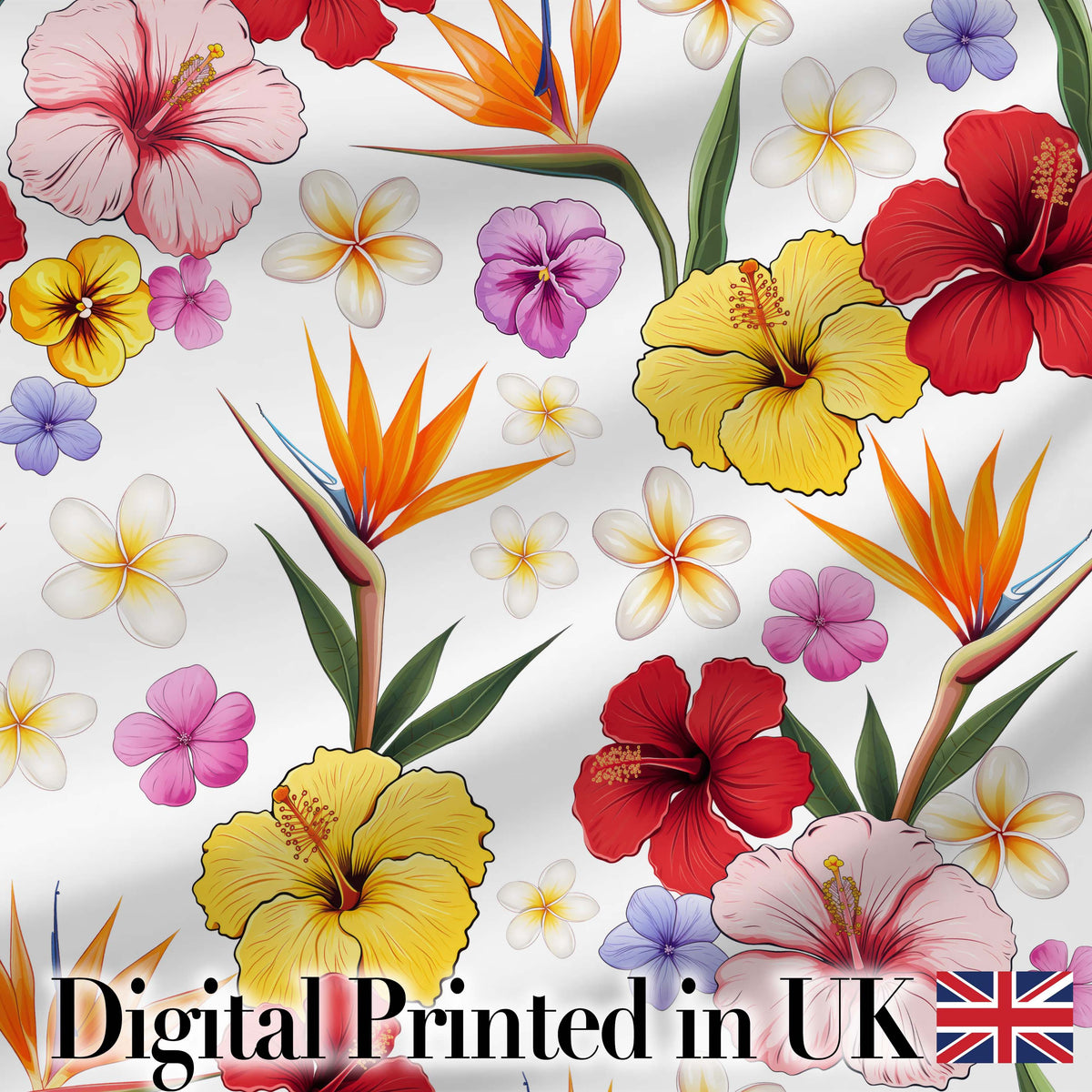 Tropical Hibiscus Bird of Paradise Floral Seamless Pattern Clean White Digital Print Fabric by the Metre UK Sewing Quilting Textile