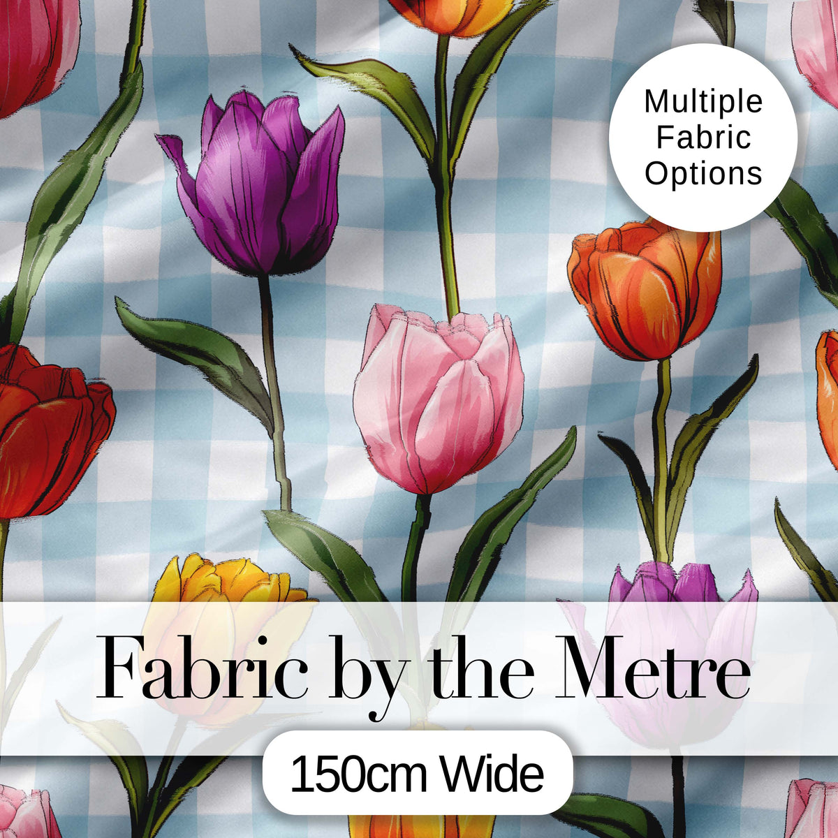 Elegant Tulip Floral Seamless Pattern Blue Gingham Check Background Digital Print Fabric by the Metre UK Sewing Quilting Textile