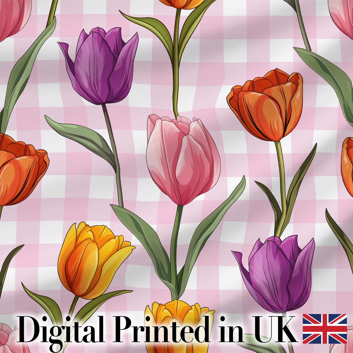 Elegant Tulip Floral Seamless Pattern Pink Gingham Check Background Digital Print Fabric by the Metre UK Sewing Quilting Textile