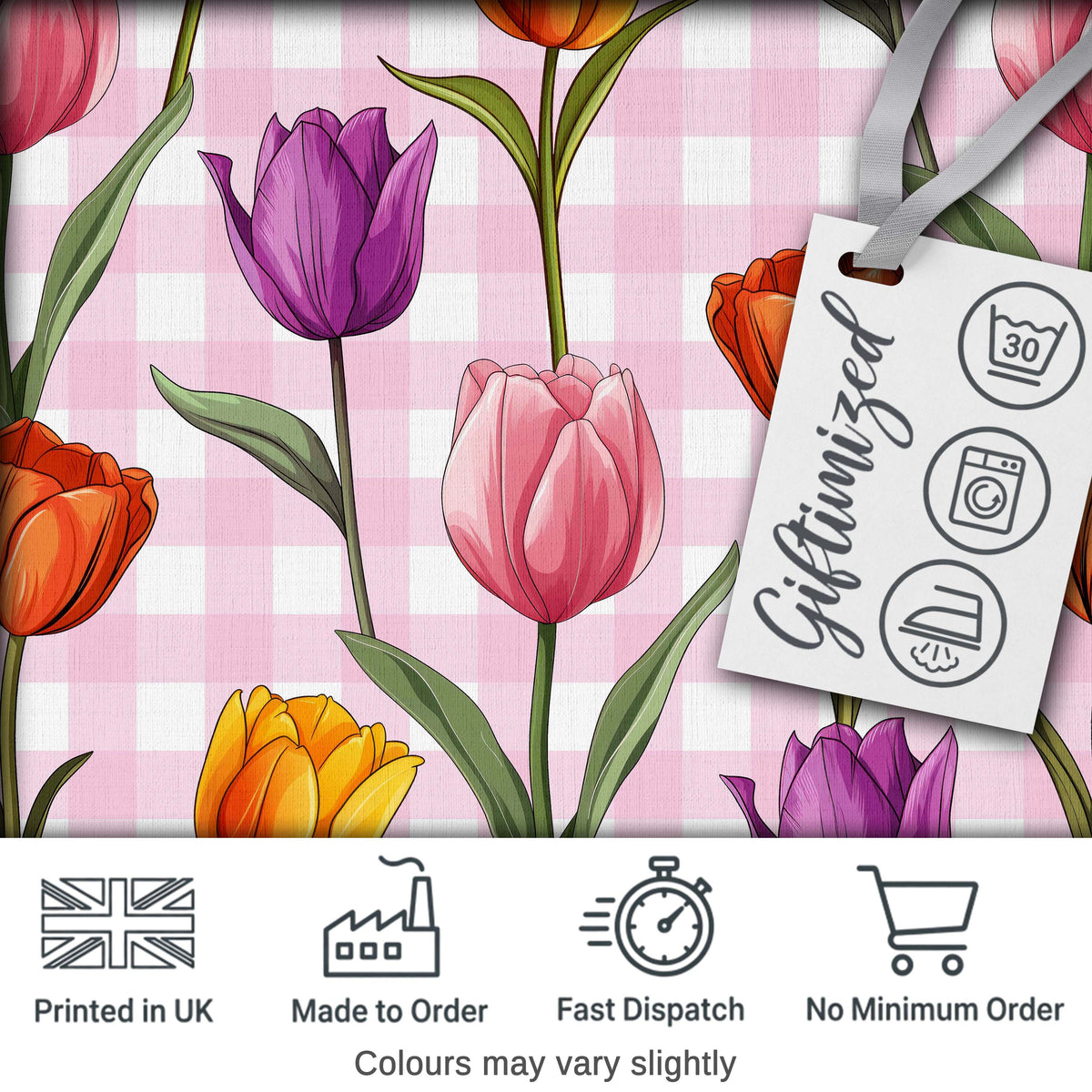 Elegant Tulip Floral Seamless Pattern Pink Gingham Check Background Digital Print Fabric by the Metre UK Sewing Quilting Textile