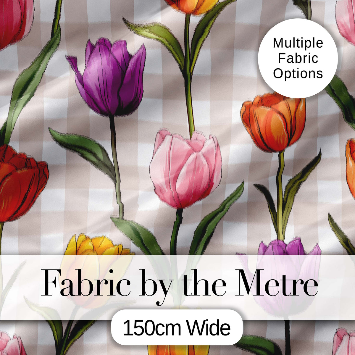 Elegant Tulip Floral Seamless Pattern Beige Gingham Check Background Digital Print Fabric by the Metre UK Sewing Quilting Textile