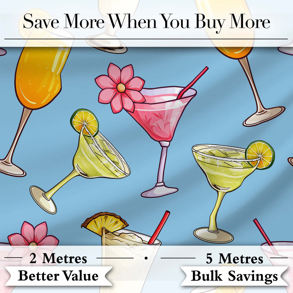 Tropical Cocktail Drinks Seamless Pattern Blue Background Digital Print Fabric by the Metre UK Sewing Quilting Textile