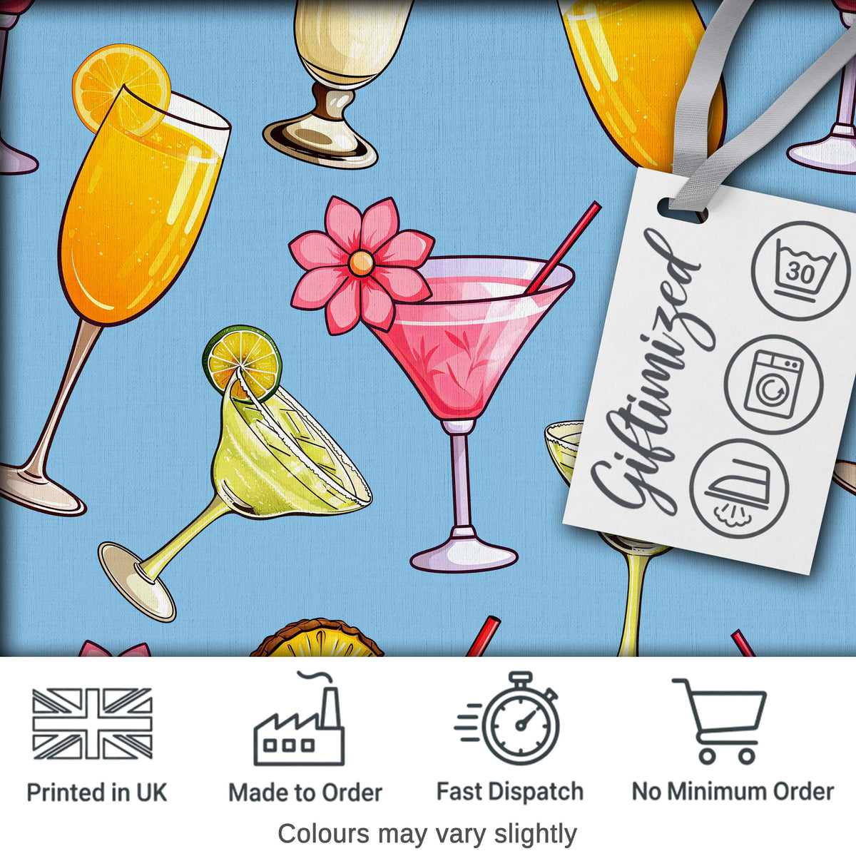 Tropical Cocktail Drinks Seamless Pattern Blue Background Digital Print Fabric by the Metre UK Sewing Quilting Textile