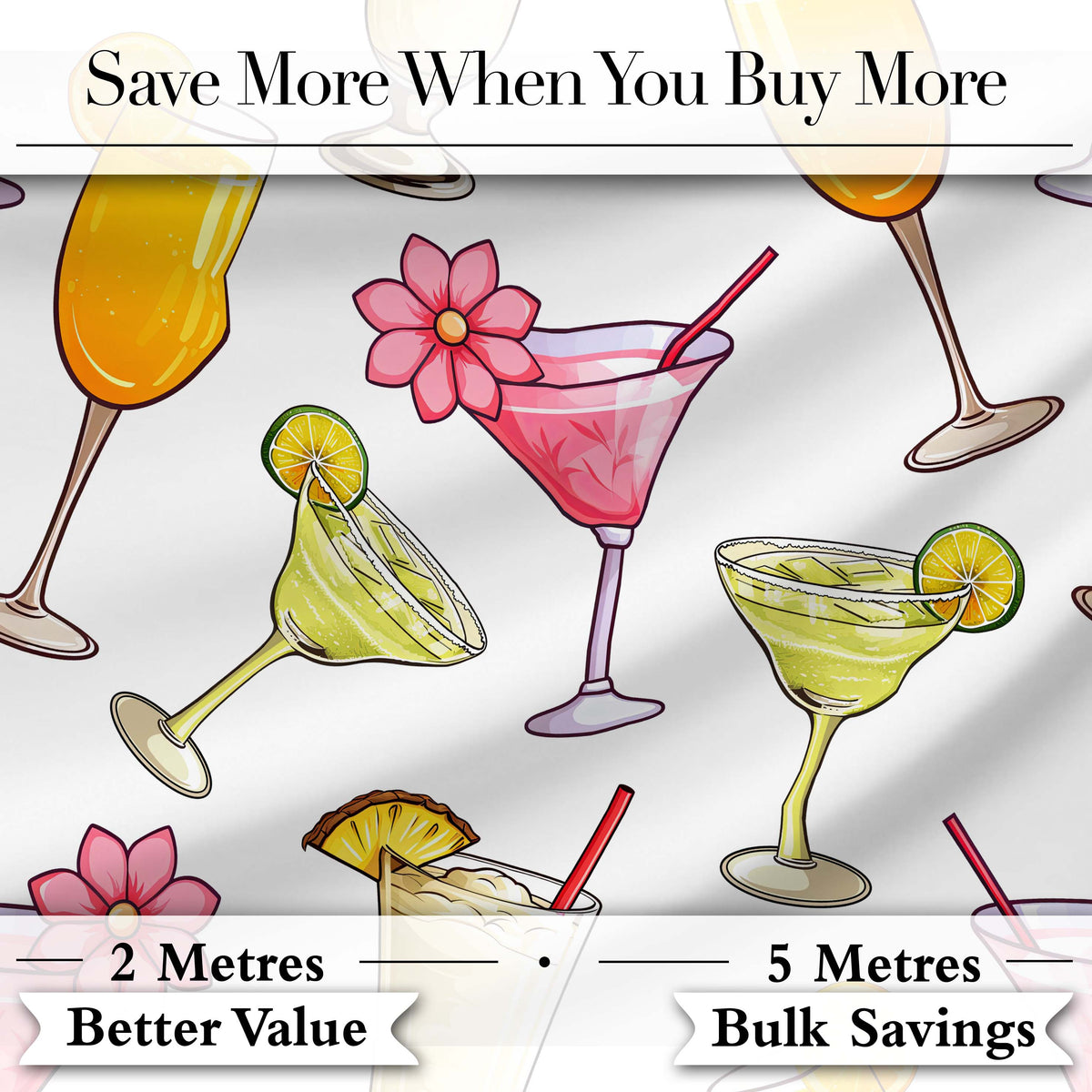 Tropical Cocktail Drinks Seamless Pattern Light Grey Background Digital Print Fabric by the Metre UK Sewing Quilting Textile