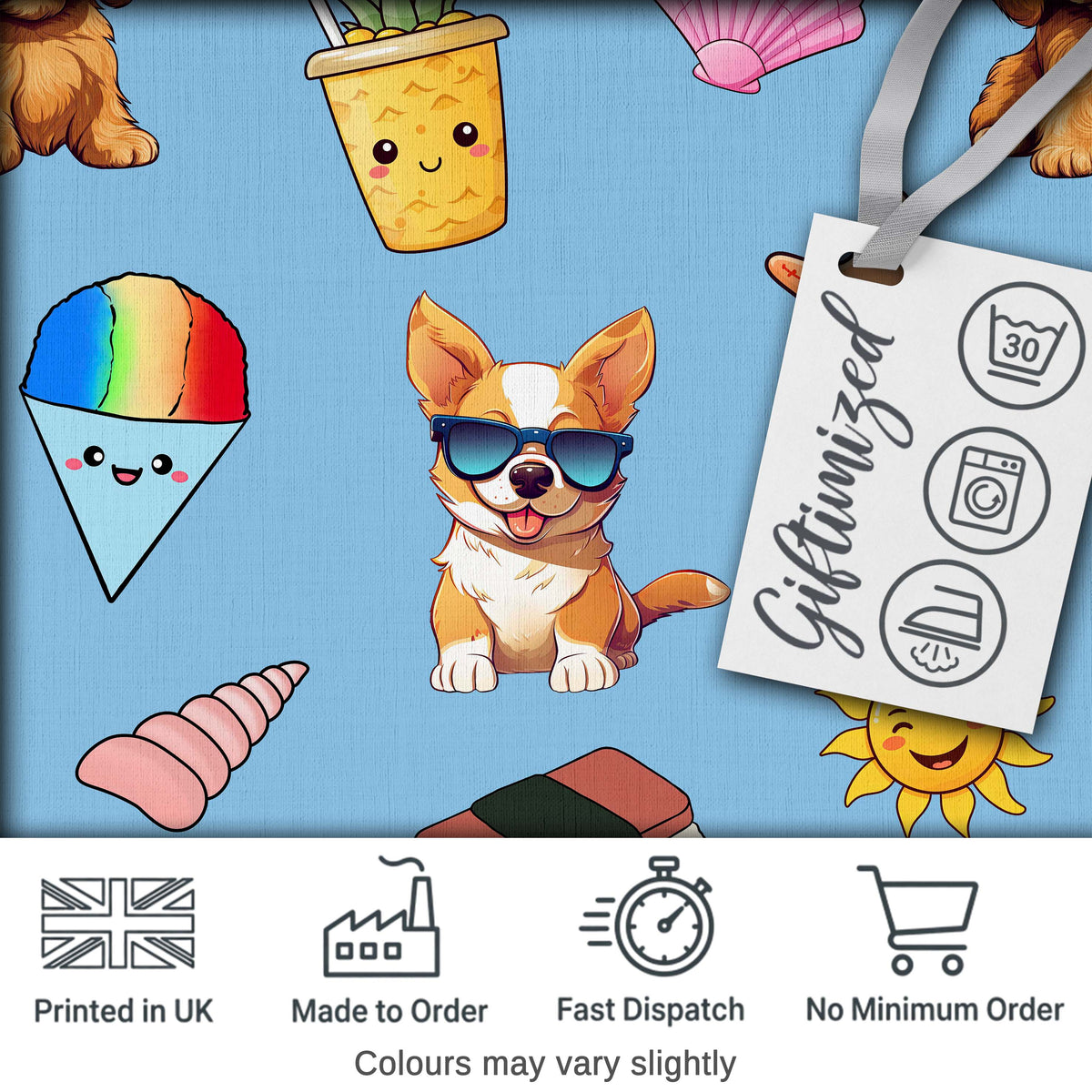Cute Summer Chihuahua Dog Cartoon Seamless Pattern Blue Background Digital Print Fabric by the Metre UK Sewing Quilting Textile