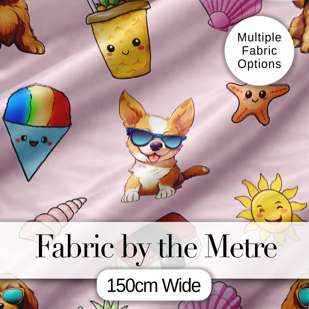 Summer Chihuahua Dog Sunglasses Kawaii Beach Soft Pink Seamless Pattern Digital Print Fabric by the Metre UK Sewing Quilting Textile
