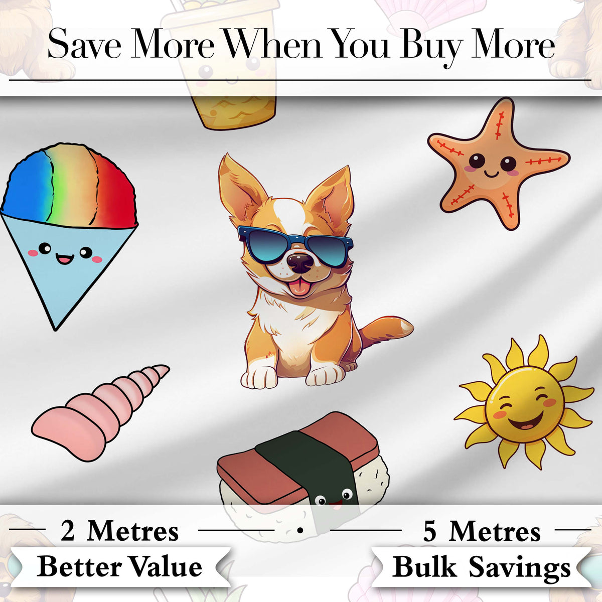 Summer Chihuahua Dog Sunglasses Kawaii Beach Grey Seamless Pattern Digital Print Fabric by the Metre UK Sewing Quilting Textile
