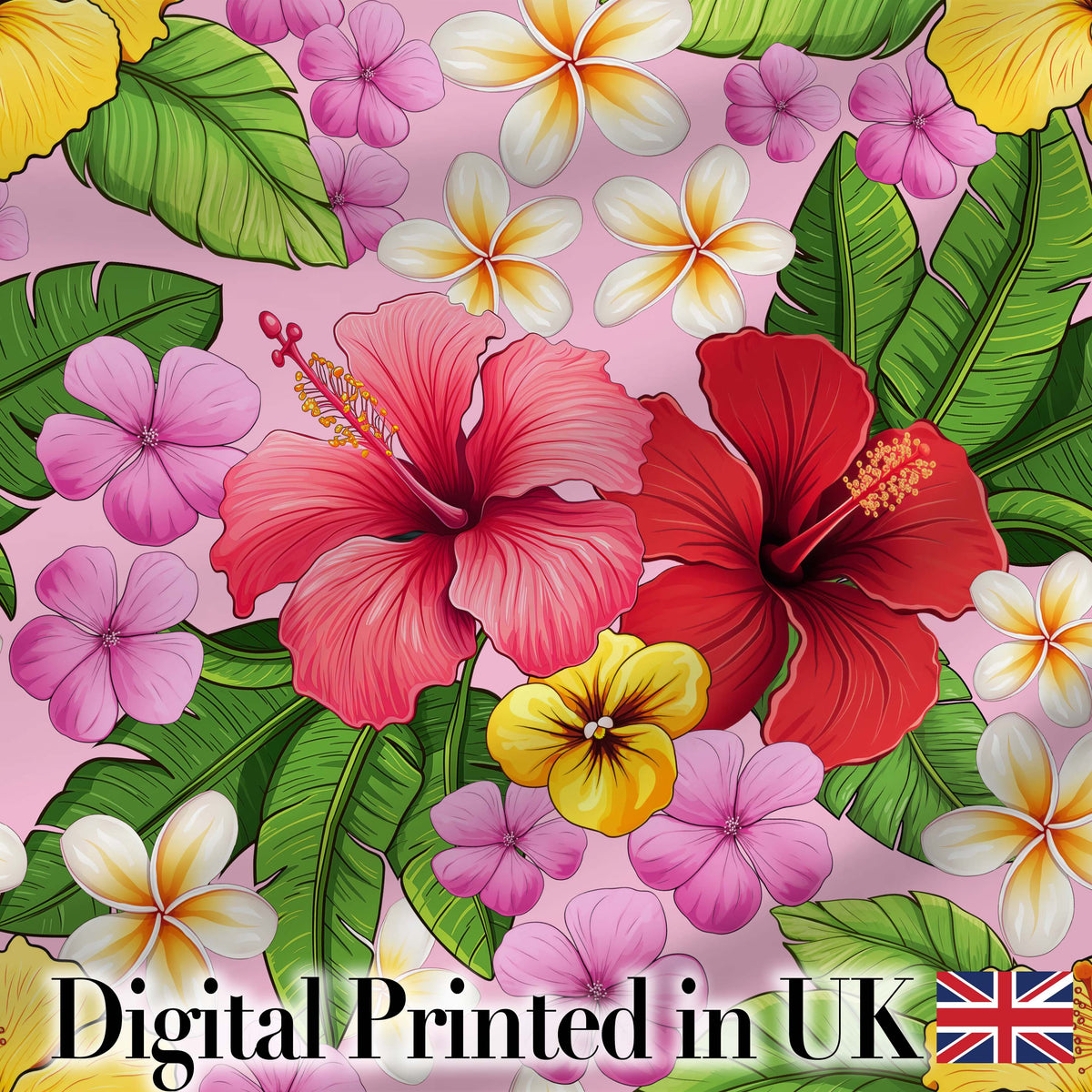 Hibiscus Flowers Plumeria Leaves Exotic Floral Blush Pink Seamless Pattern Digital Print Fabric by the Metre UK Sewing Quilting Textile