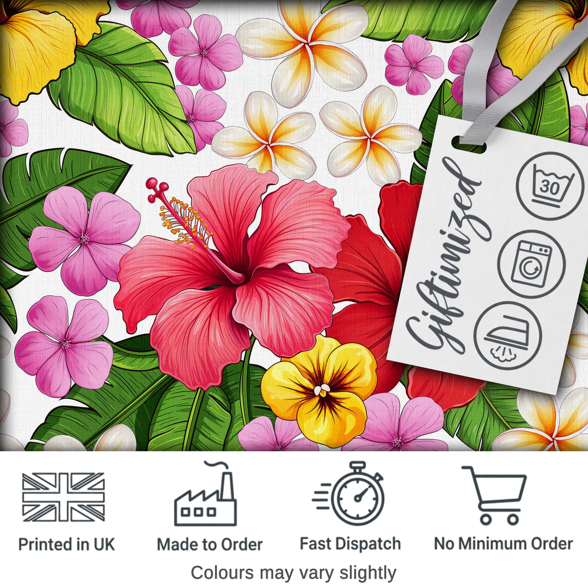 Tropical Hibiscus Flowers Plumeria Leaves Exotic Floral White Seamless Pattern Digital Print Fabric by the Metre UK Sewing Quilting Textile