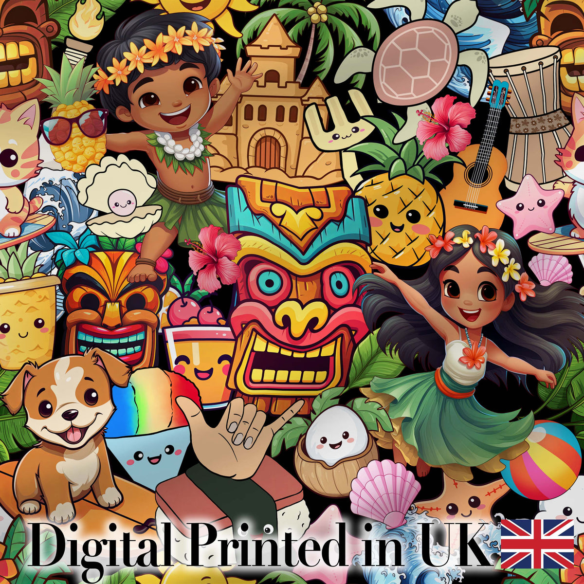 Cute Hawaiian Kids Tiki Mask Pineapple Beach Fun Seamless Pattern Digital Print Fabric by the Metre UK Sewing Quilting Textile