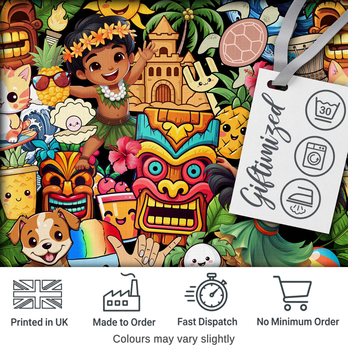 Cute Hawaiian Kids Tiki Mask Pineapple Beach Fun Seamless Pattern Digital Print Fabric by the Metre UK Sewing Quilting Textile