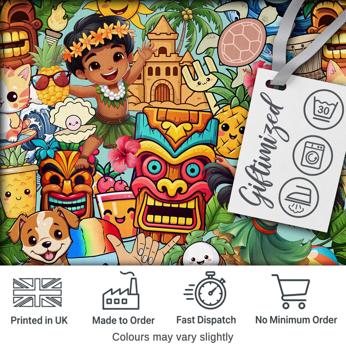 Cute Hawaiian Kids Tiki Mask Pineapple Teal Background Seamless Pattern Digital Print Fabric by the Metre UK Sewing Quilting Textile
