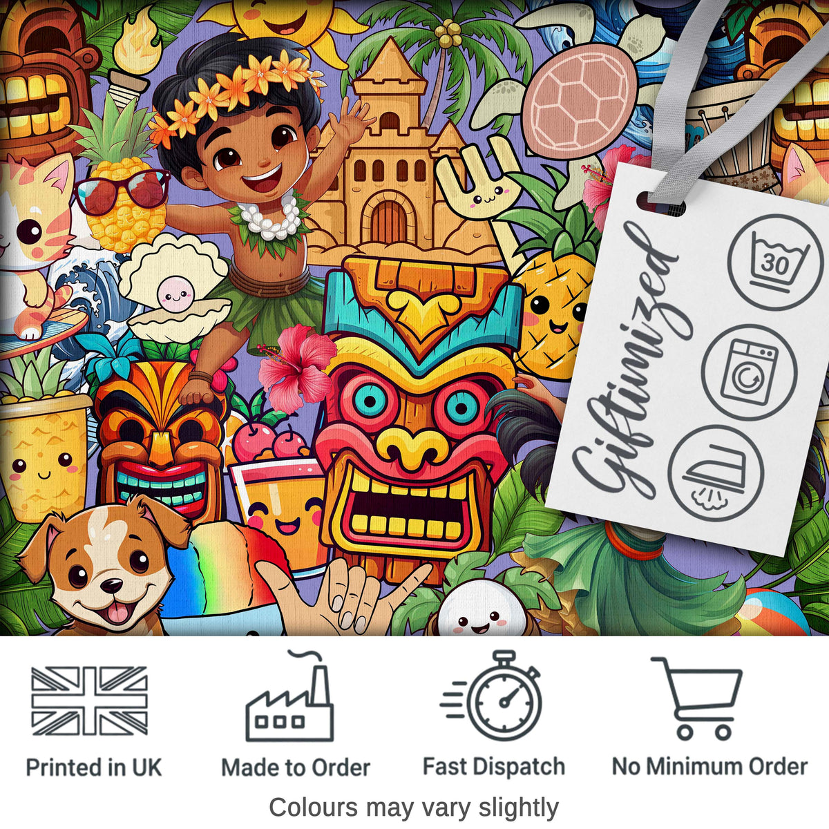 Cute Hawaiian Kids Tiki Mask Pineapple Seamless Pattern Digital Print Fabric by the Metre UK Sewing Quilting Textile