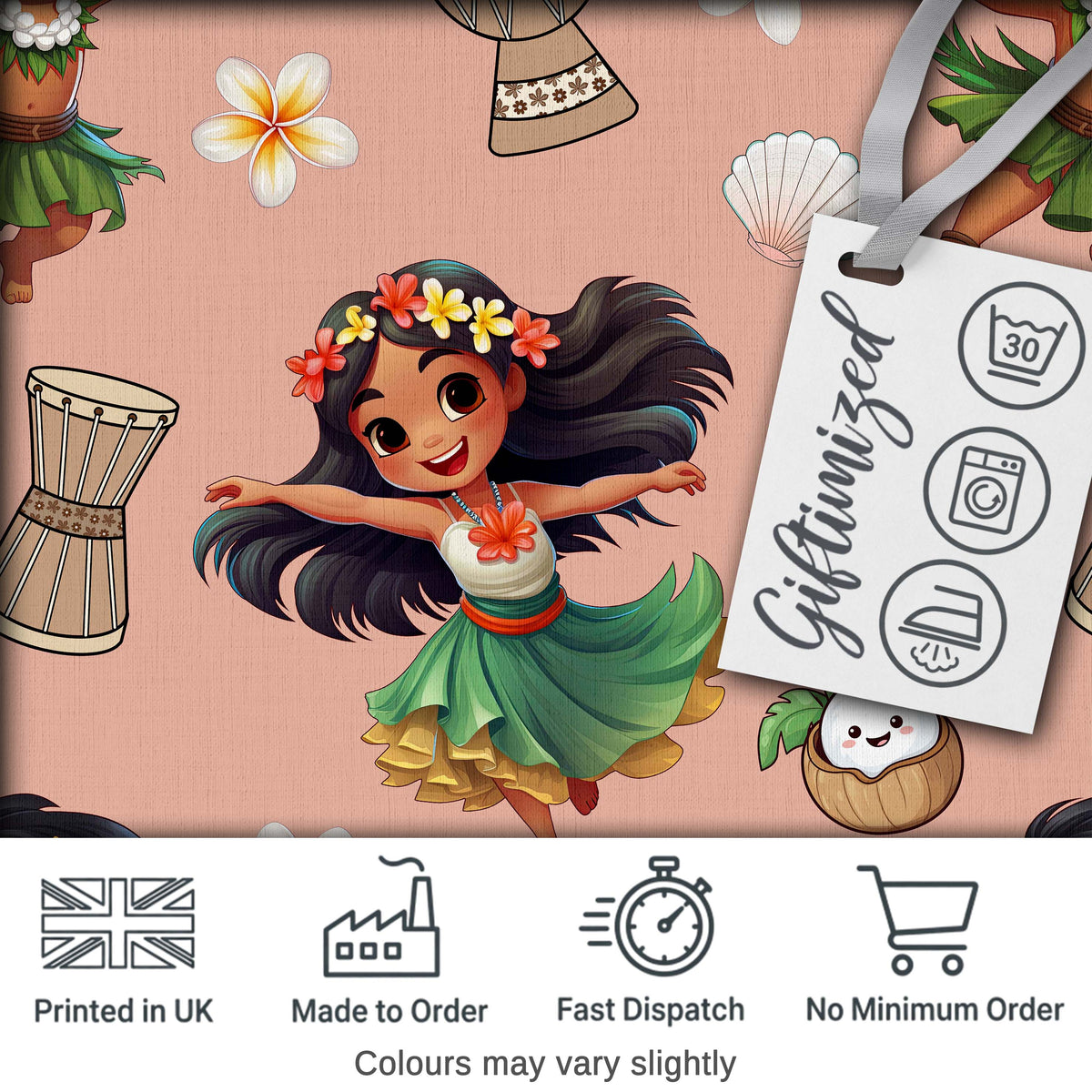 Cute Hawaiian Girl Hula Dance Coconut Shell Beige Background Seamless Pattern Digital Print Fabric by the Metre UK Sewing Quilting Textile