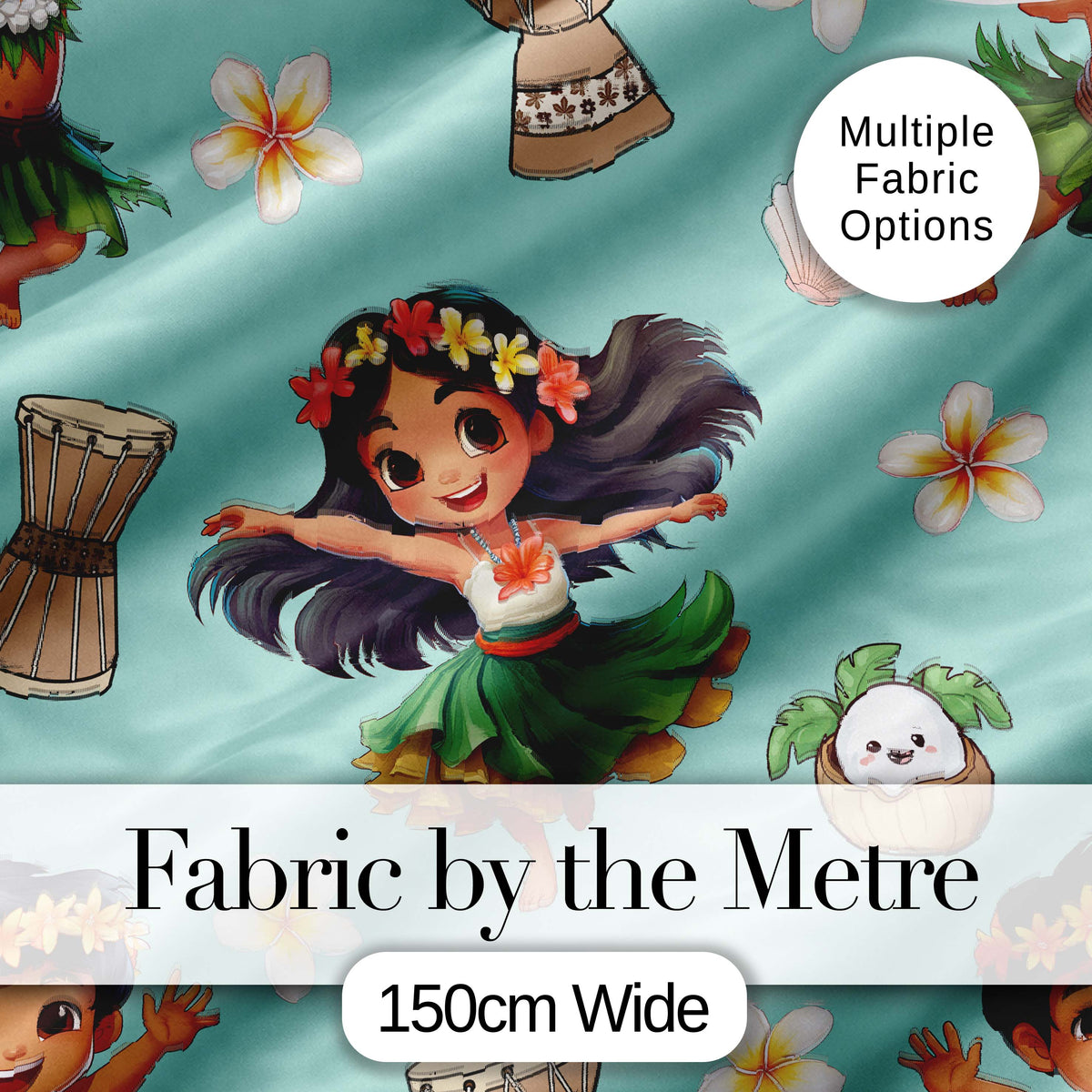 Cute Hawaiian Girl Hula Dance Coconut Shell Teal Background Seamless Pattern Digital Print Fabric by the Metre UK Sewing Quilting Textile