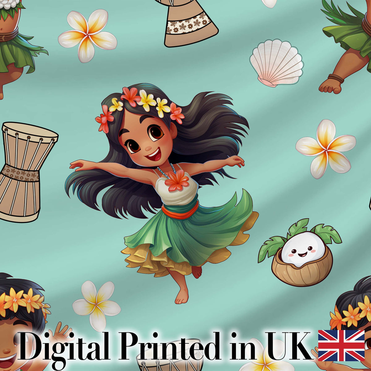 Cute Hawaiian Girl Hula Dance Coconut Shell Teal Background Seamless Pattern Digital Print Fabric by the Metre UK Sewing Quilting Textile