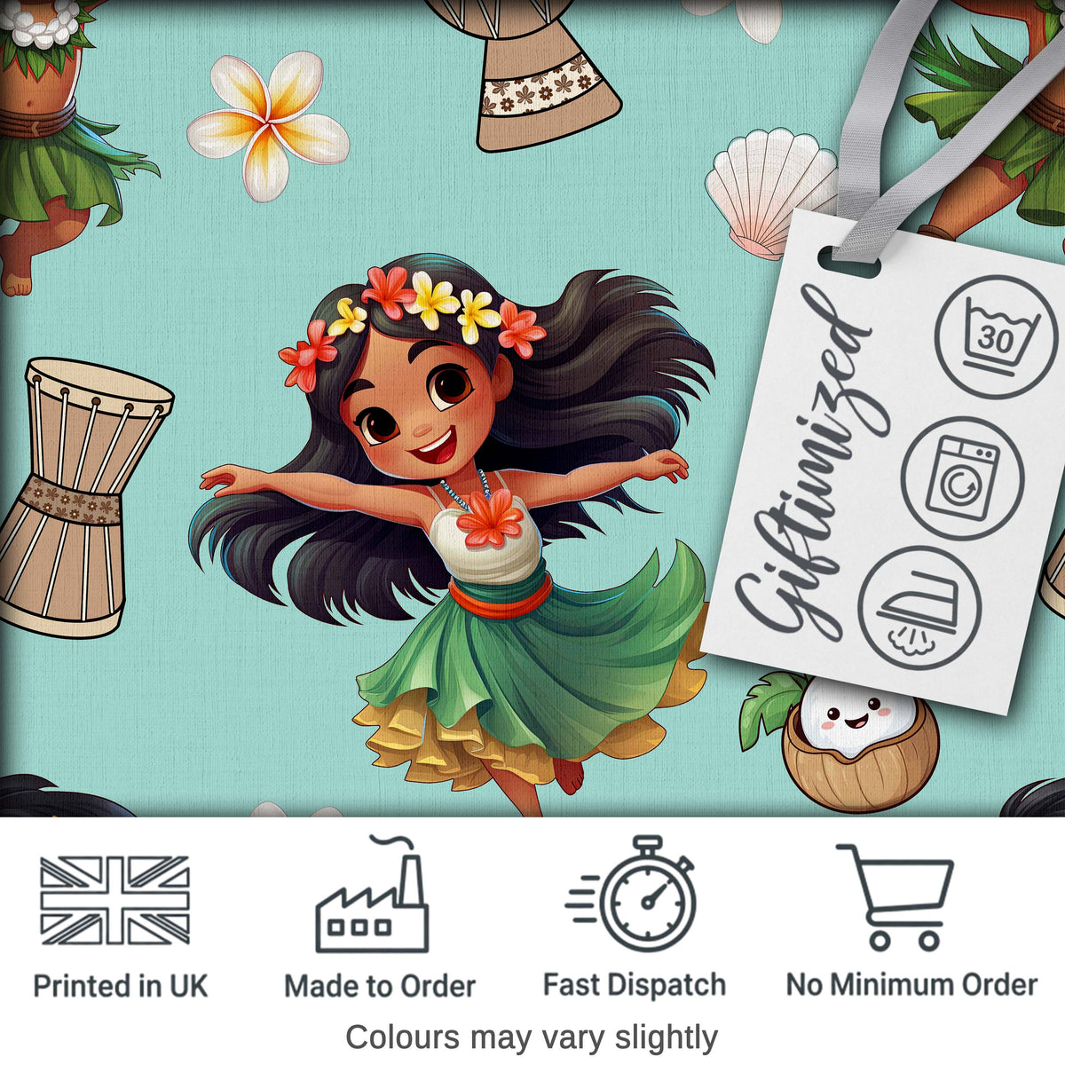 Cute Hawaiian Girl Hula Dance Coconut Shell Teal Background Seamless Pattern Digital Print Fabric by the Metre UK Sewing Quilting Textile