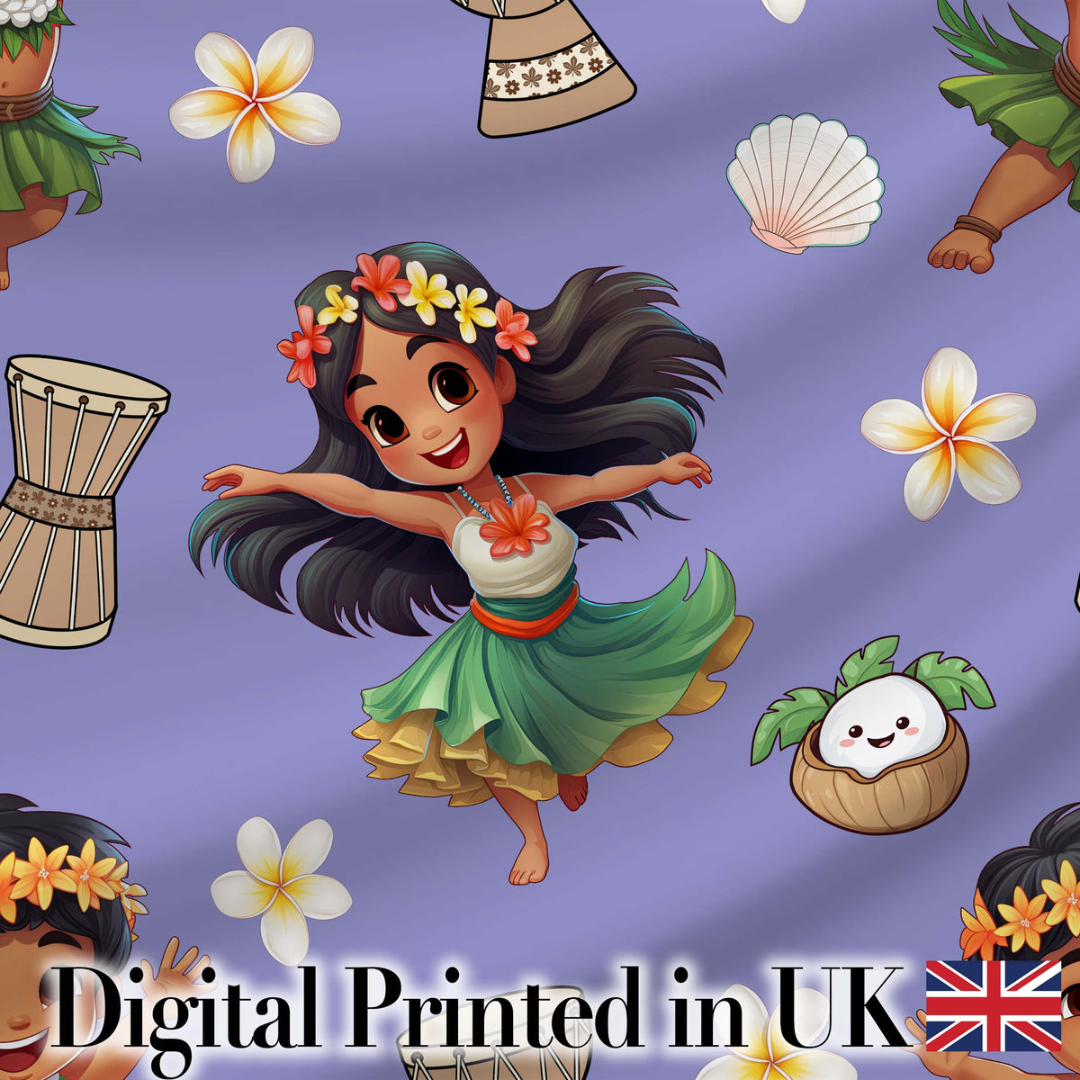 Cute Hawaiian Girl Hula Dance Coconut Shell Purple Background Seamless Pattern Digital Print Fabric by the Metre UK Sewing Quilting Textile