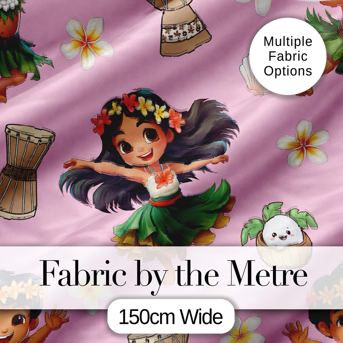 Cute Hawaiian Girl Hula Dance Coconut Shell Rose Background Seamless Pattern Digital Print Fabric by the Metre UK Sewing Quilting Textile