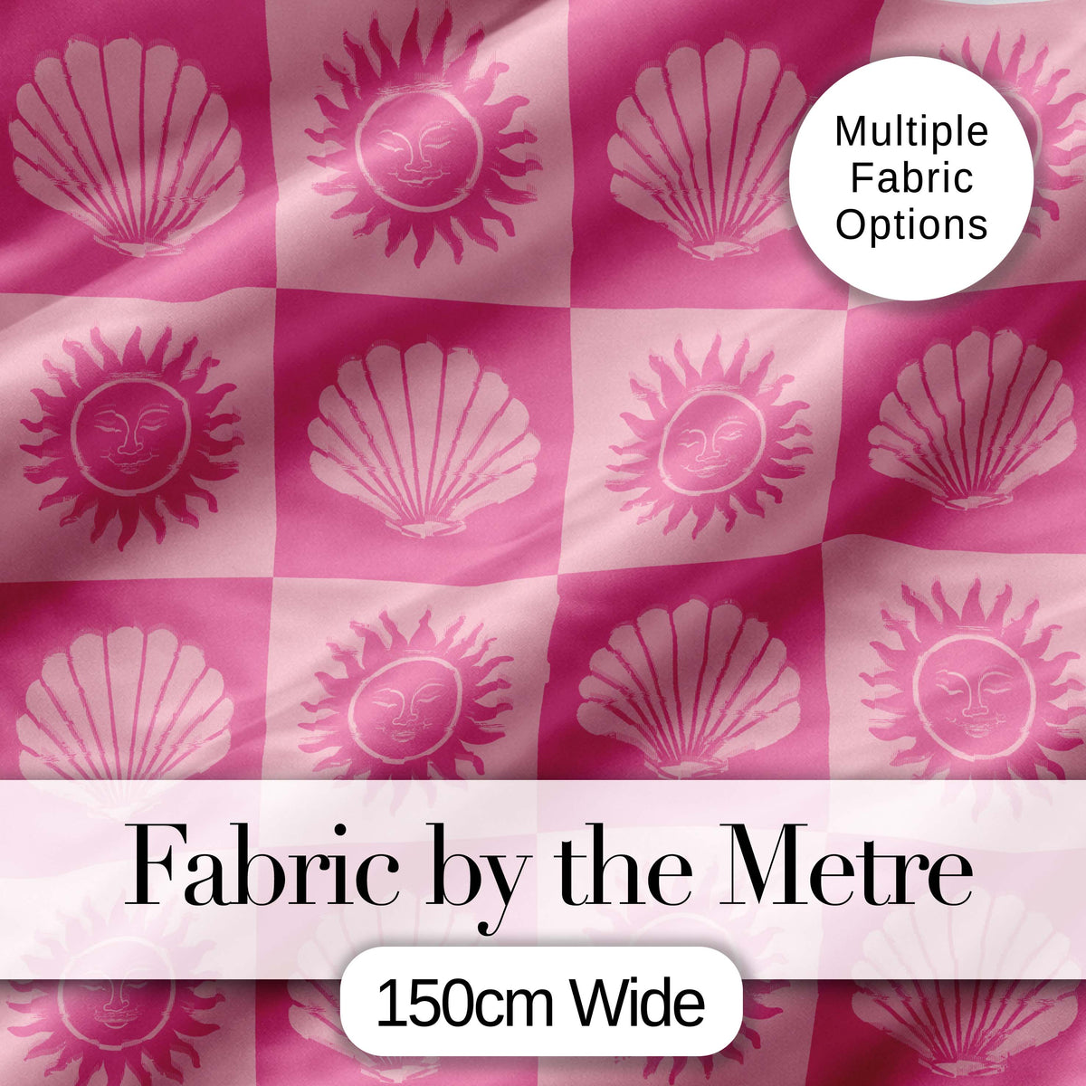 Boho Sun and Seashell Checkerboard Pink Tones Background Seamless Pattern Digital Print Fabric by the Metre UK Sewing Quilting Textile