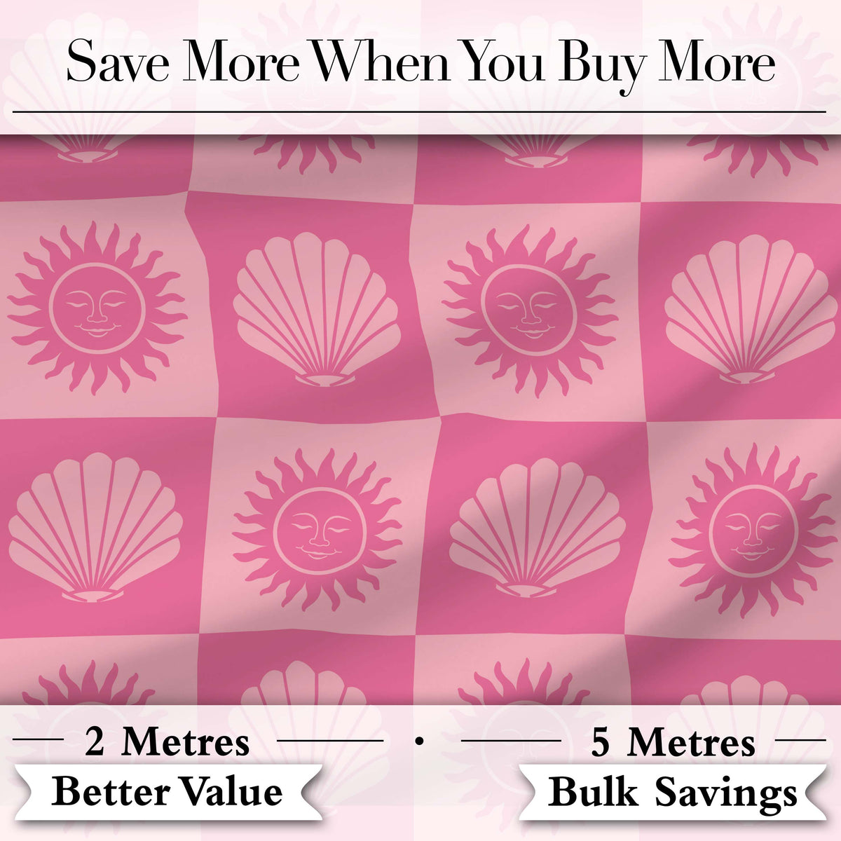 Boho Sun and Seashell Checkerboard Pink Tones Background Seamless Pattern Digital Print Fabric by the Metre UK Sewing Quilting Textile