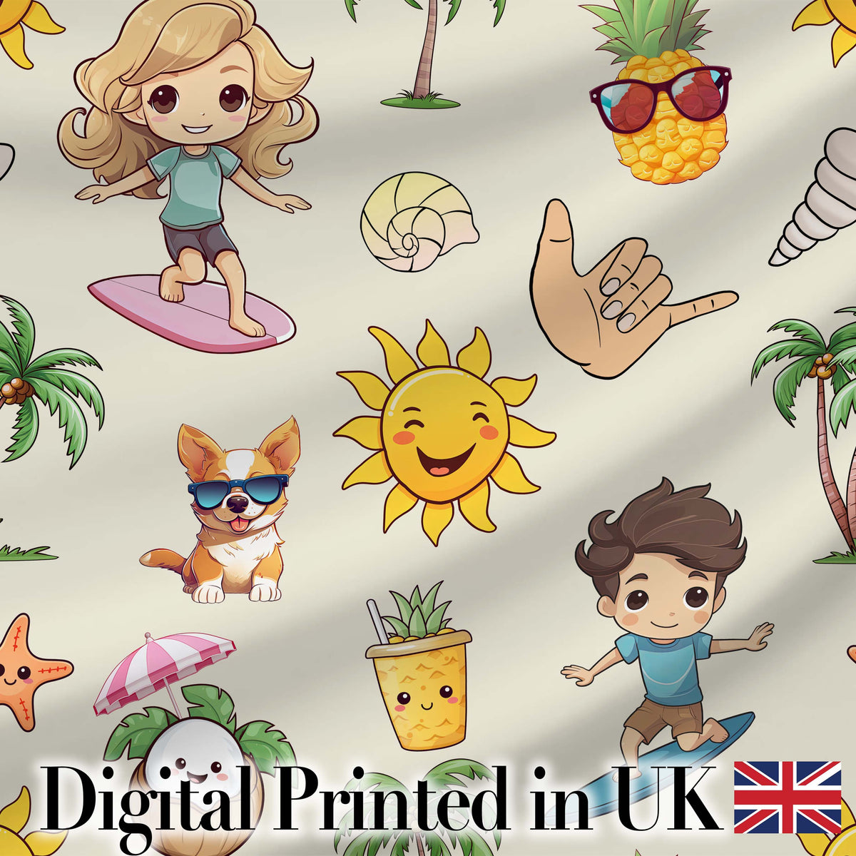 Cute Summer Beach Cartoon Kids Surf Pineapple Dog Seamless Pattern Digital Print Fabric by the Metre UK Sewing Quilting Textile