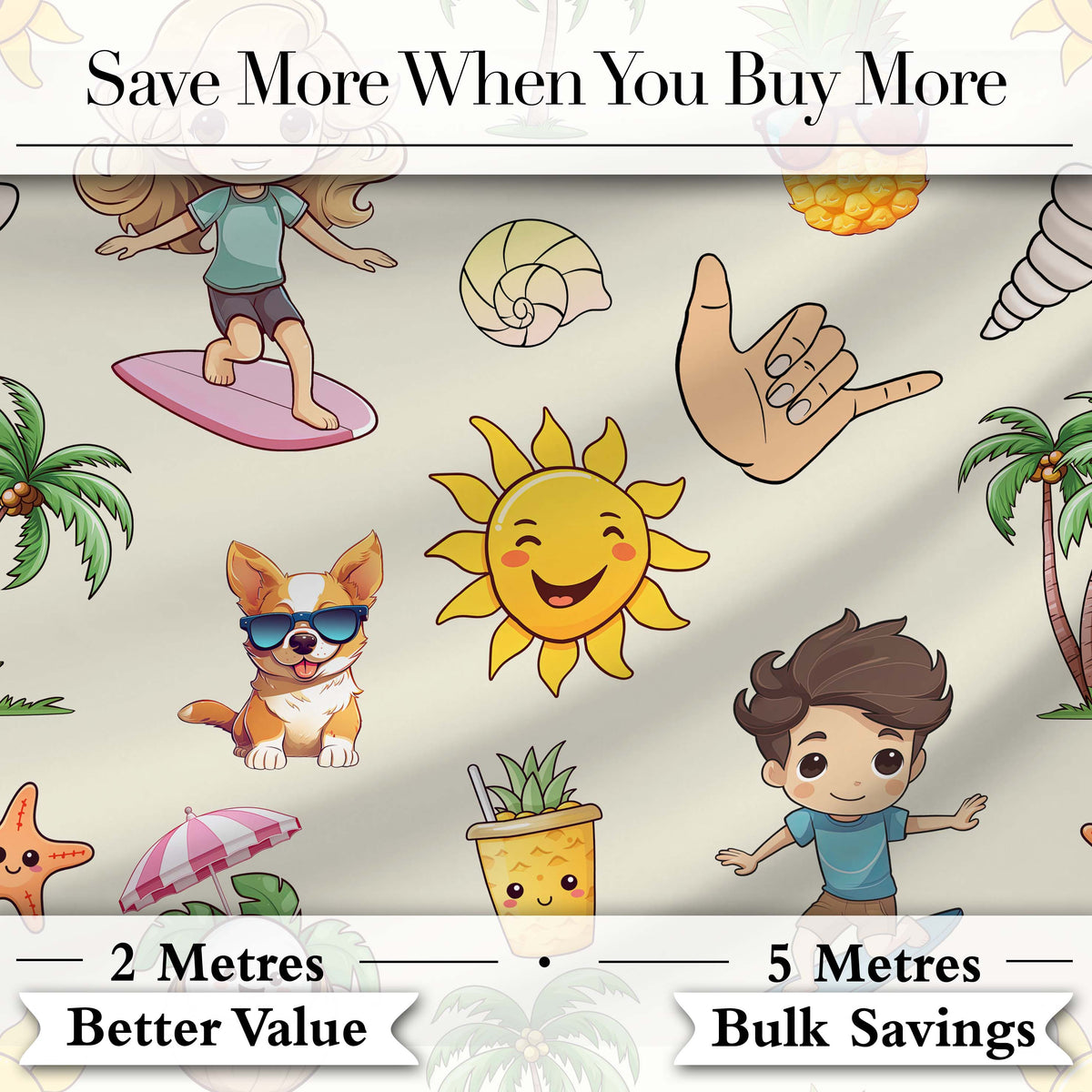 Cute Summer Beach Cartoon Kids Surf Pineapple Dog Seamless Pattern Digital Print Fabric by the Metre UK Sewing Quilting Textile