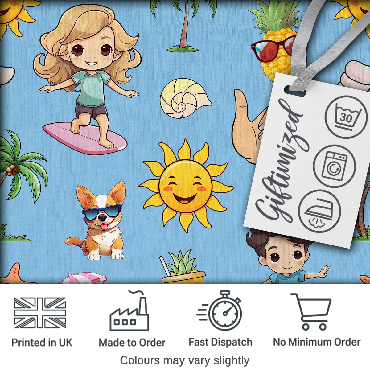 Cute Summer Beach Cartoon Kids Surf Pineapple Blue Background Seamless Pattern Digital Print Fabric by the Metre UK Sewing Quilting Textile