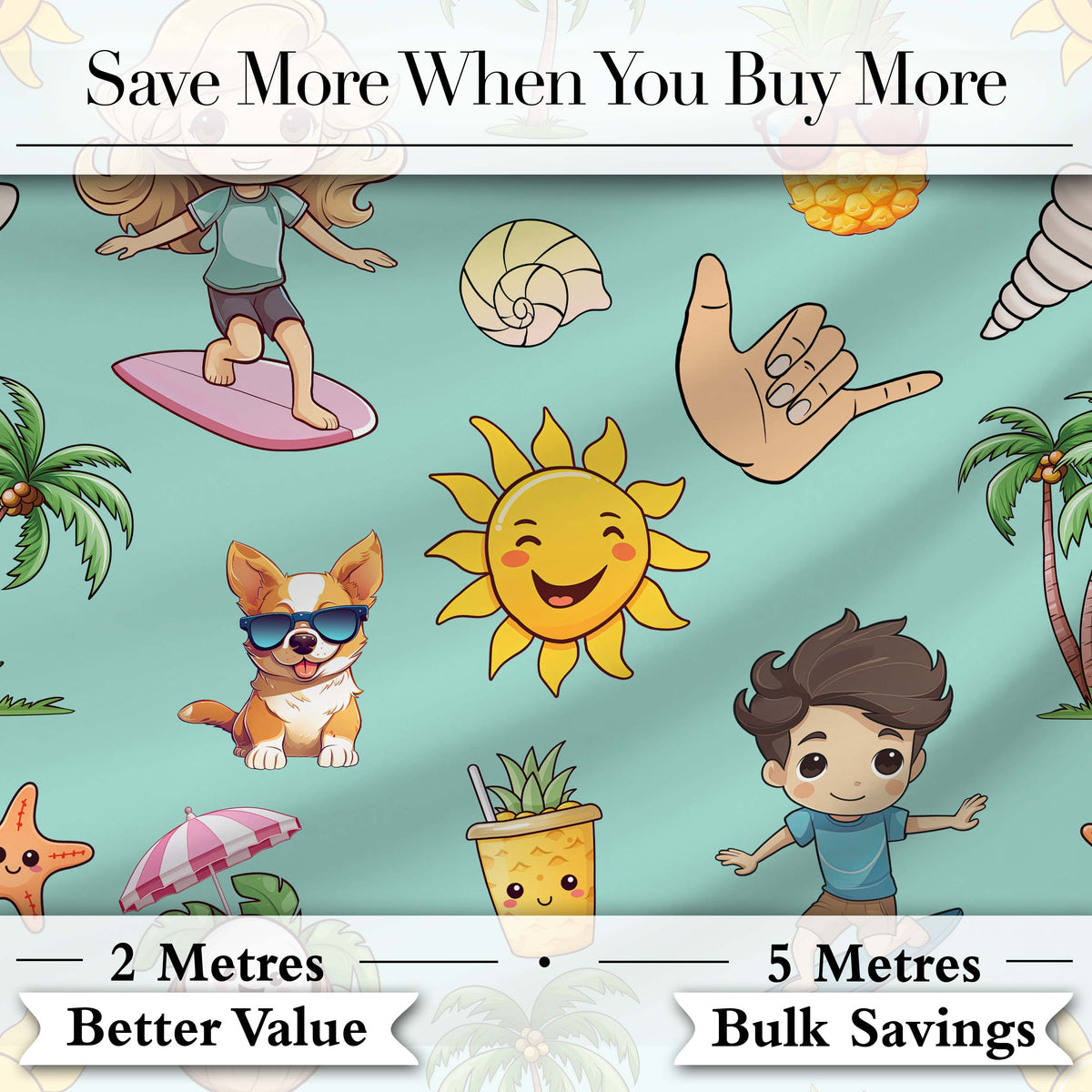 Cute Summer Beach Cartoon Kids Surf Pineapple Mint Background Seamless Pattern Digital Print Fabric by the Metre UK Sewing Quilting Textile