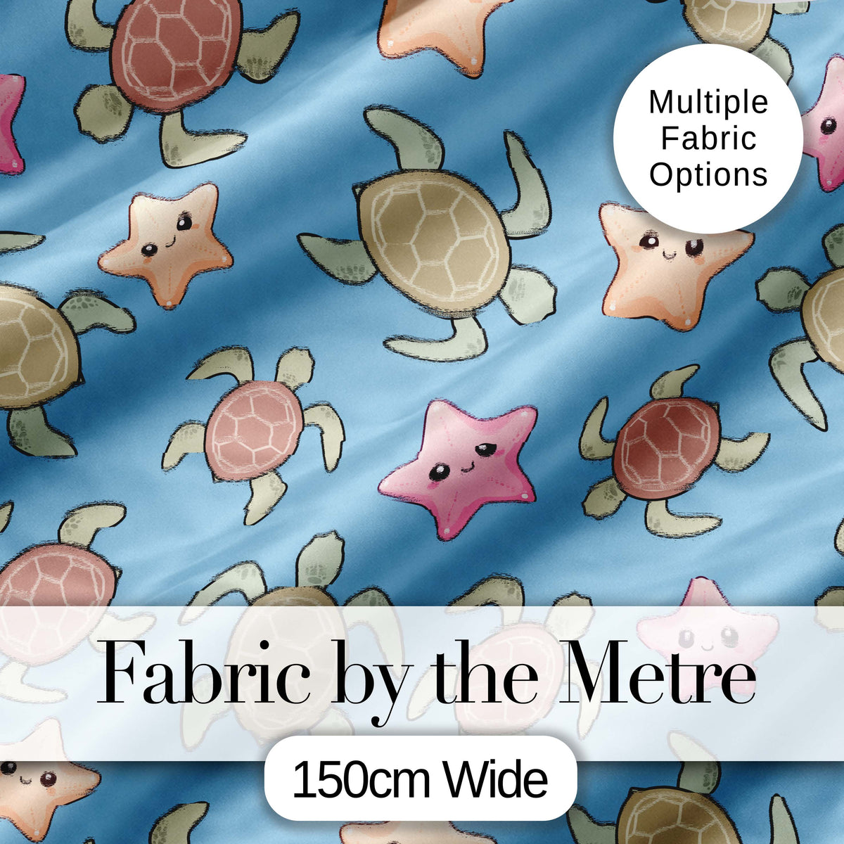 Cute Sea Turtle and Starfish Blue Ocean Seamless Pattern Digital Print Fabric by the Metre UK Sewing Quilting Textile