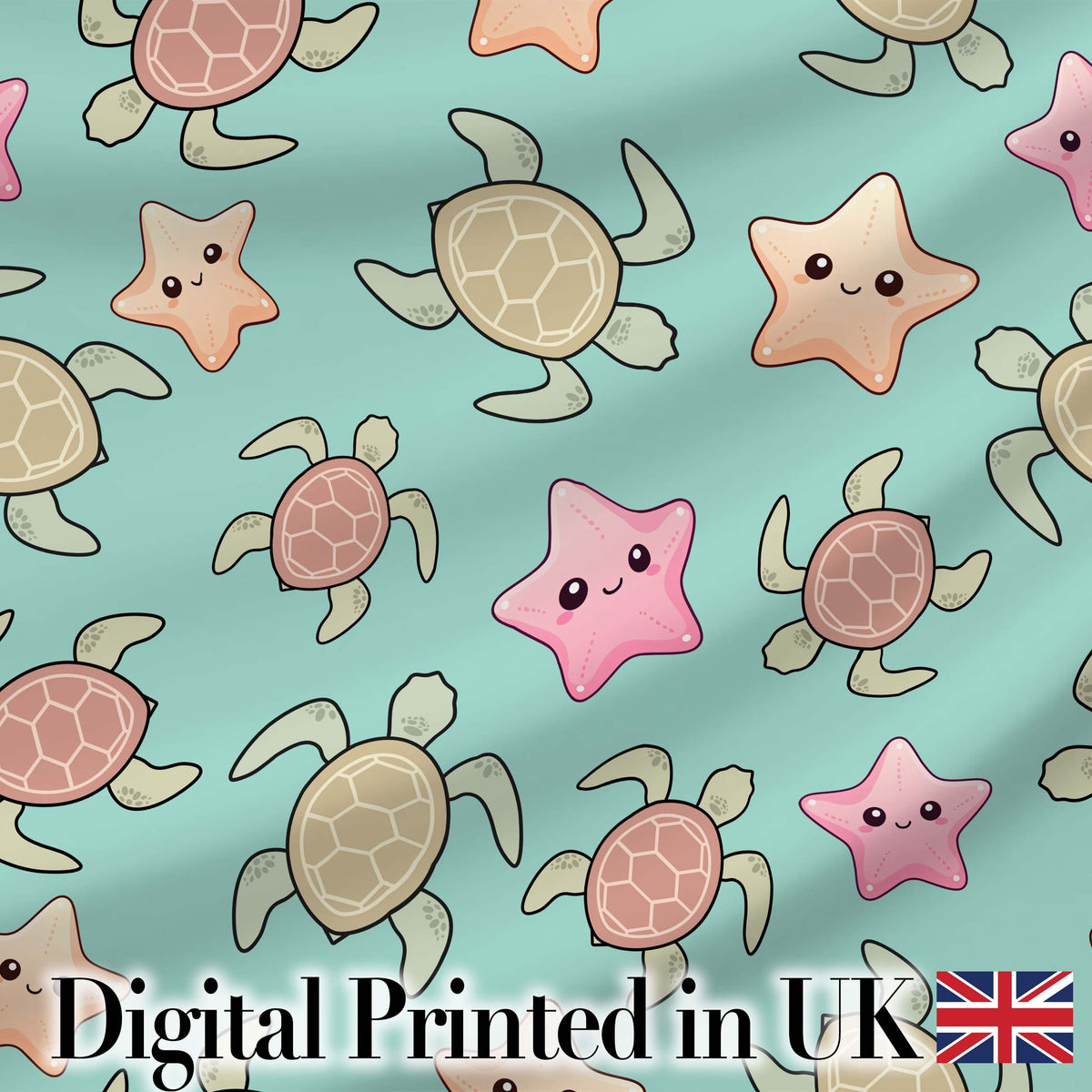 Cute Sea Turtle and Starfish Teal Ocean Seamless Pattern Digital Print Fabric by the Metre UK Sewing Quilting Textile