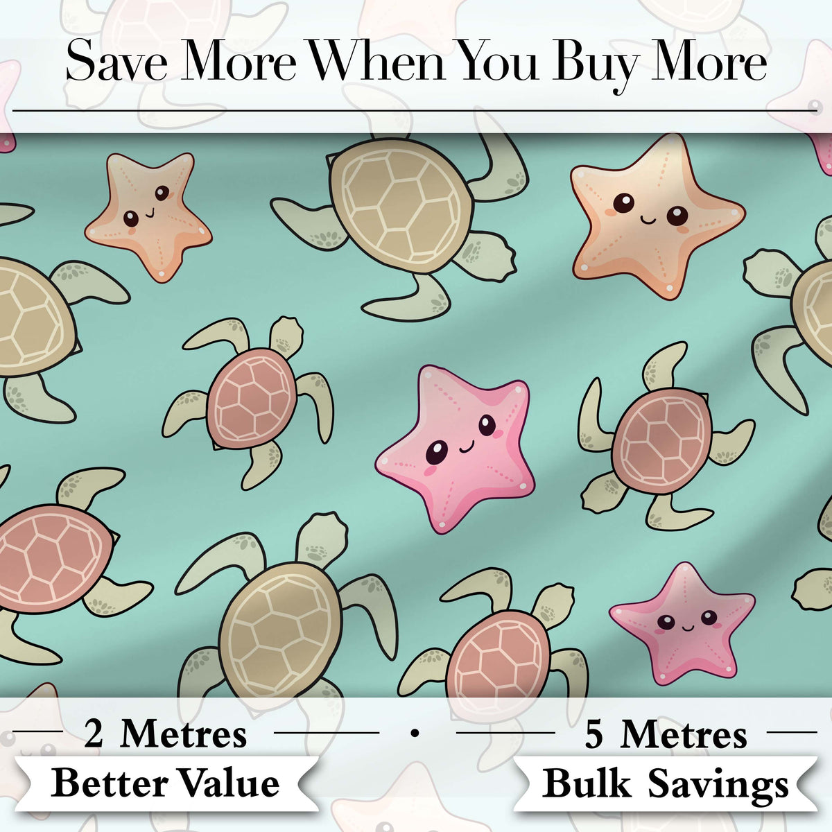 Cute Sea Turtle and Starfish Teal Ocean Seamless Pattern Digital Print Fabric by the Metre UK Sewing Quilting Textile