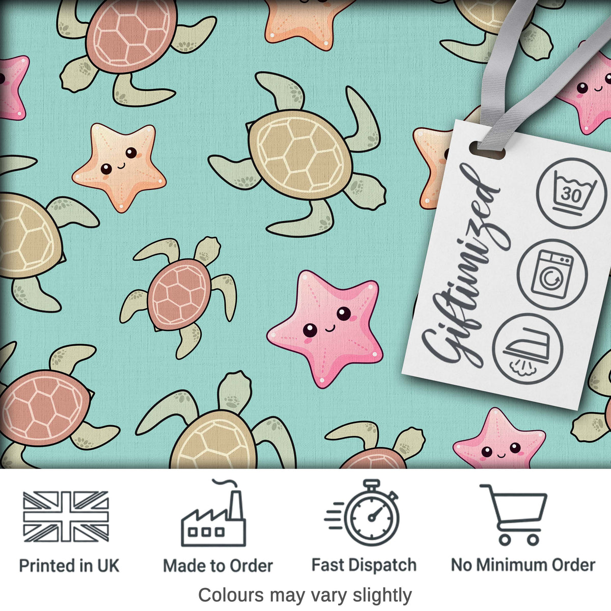 Cute Sea Turtle and Starfish Teal Ocean Seamless Pattern Digital Print Fabric by the Metre UK Sewing Quilting Textile