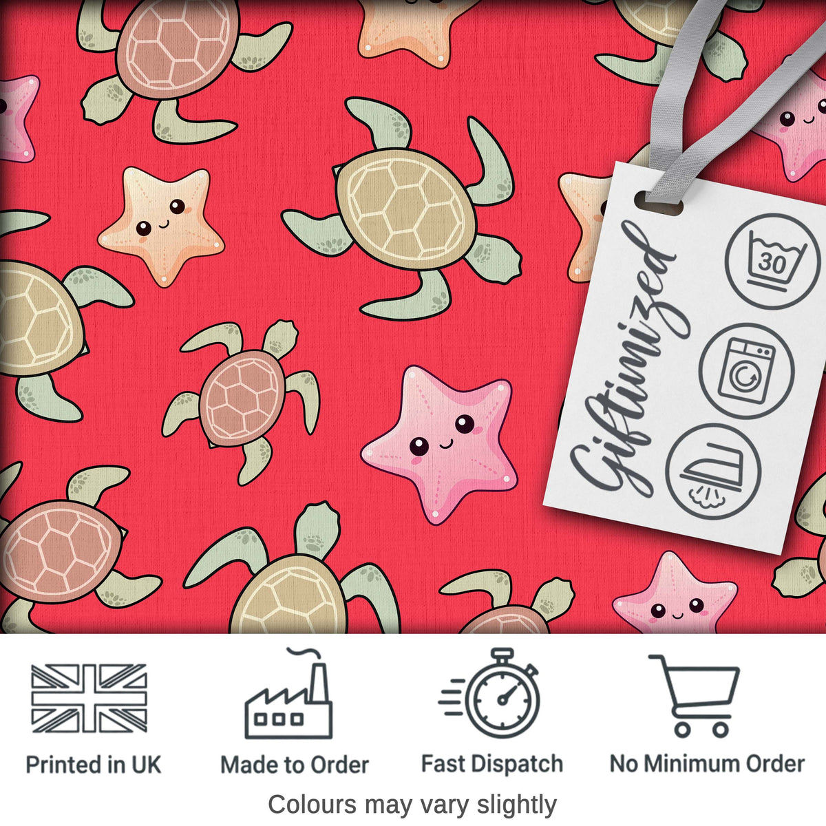 Cute Sea Turtle and Starfish Bright Red Ocean Seamless Pattern Digital Print Fabric by the Metre UK Sewing Quilting Textile
