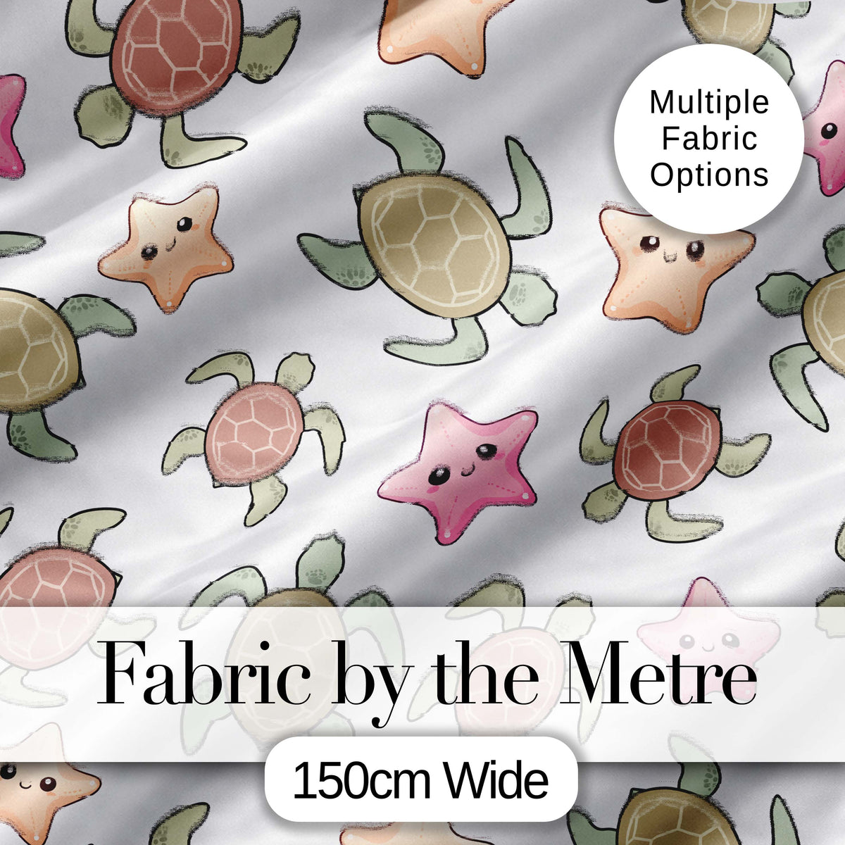 Cute Sea Turtle and Starfish Light Grey Ocean Seamless Pattern Digital Print Fabric by the Metre UK Sewing Quilting Textile