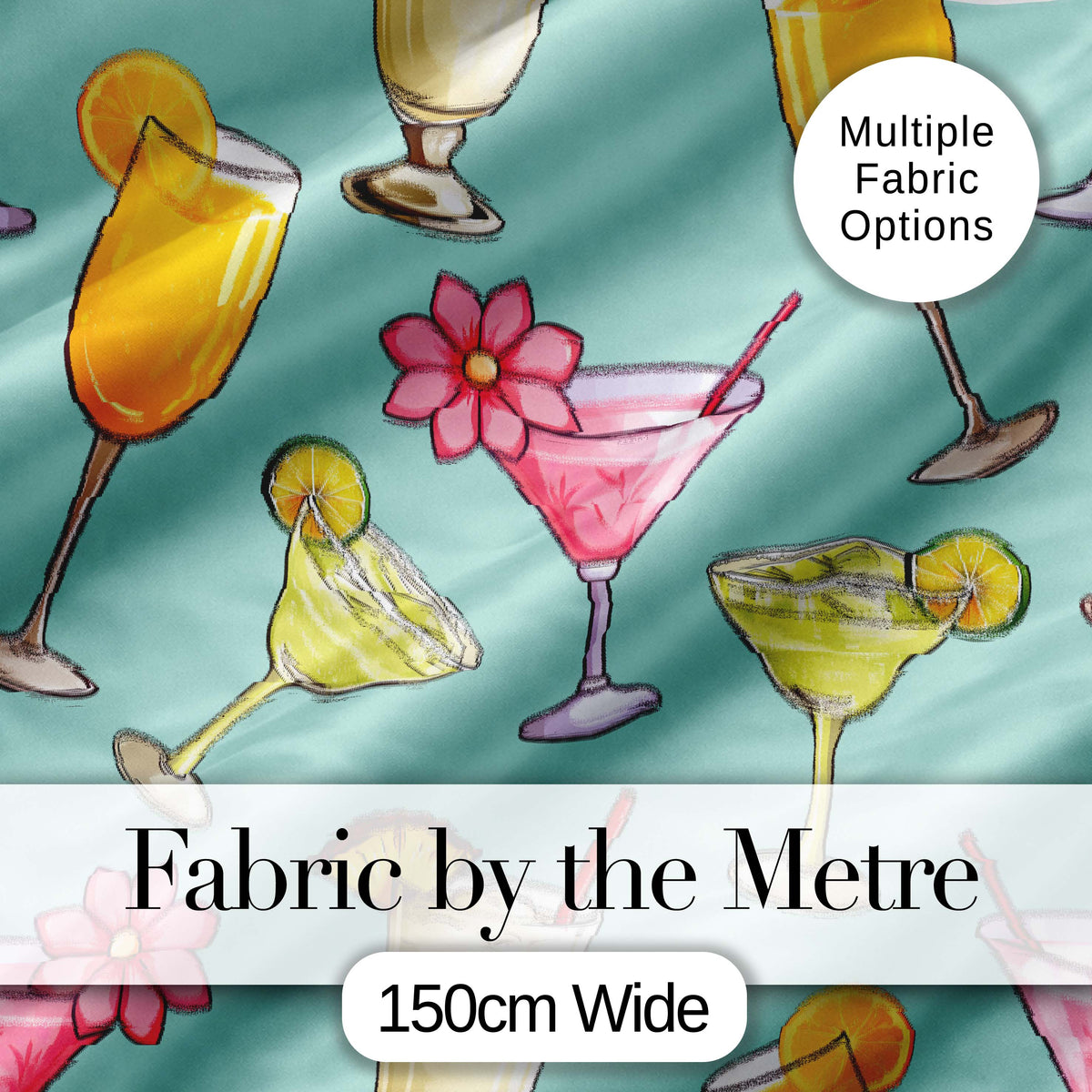 Colorful Cocktail Drinks Mint Background Summer Party Seamless Pattern Digital Print Fabric by the Metre UK Sewing Quilting Textile