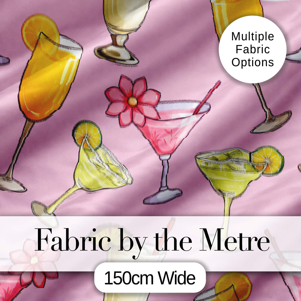 Colorful Cocktail Drinks Pink Background Summer Party Seamless Pattern Digital Print Fabric by the Metre UK Sewing Quilting Textile