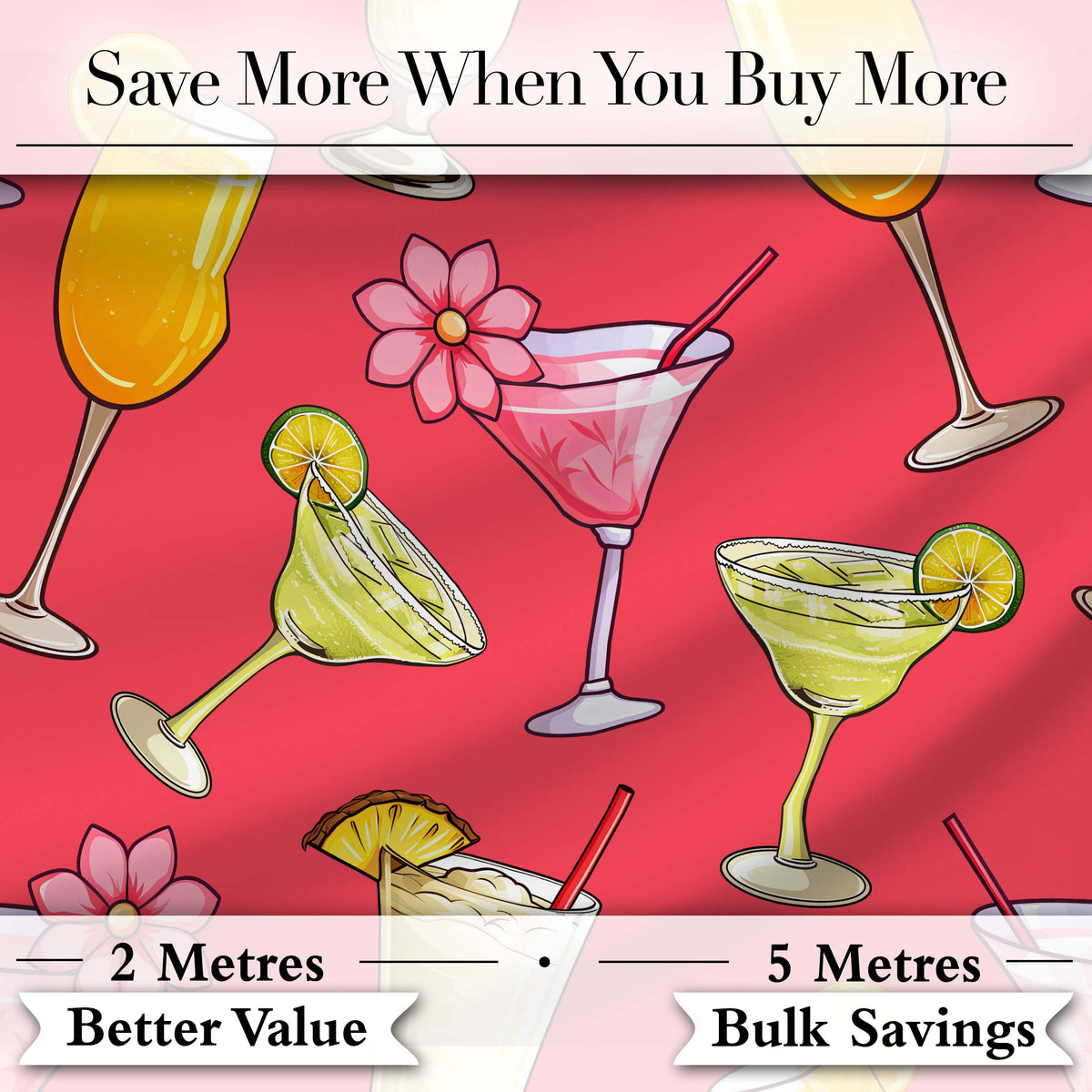 Colorful Cocktail Drinks Red Background Summer Party Seamless Pattern Digital Print Fabric by the Metre UK Sewing Quilting Textile