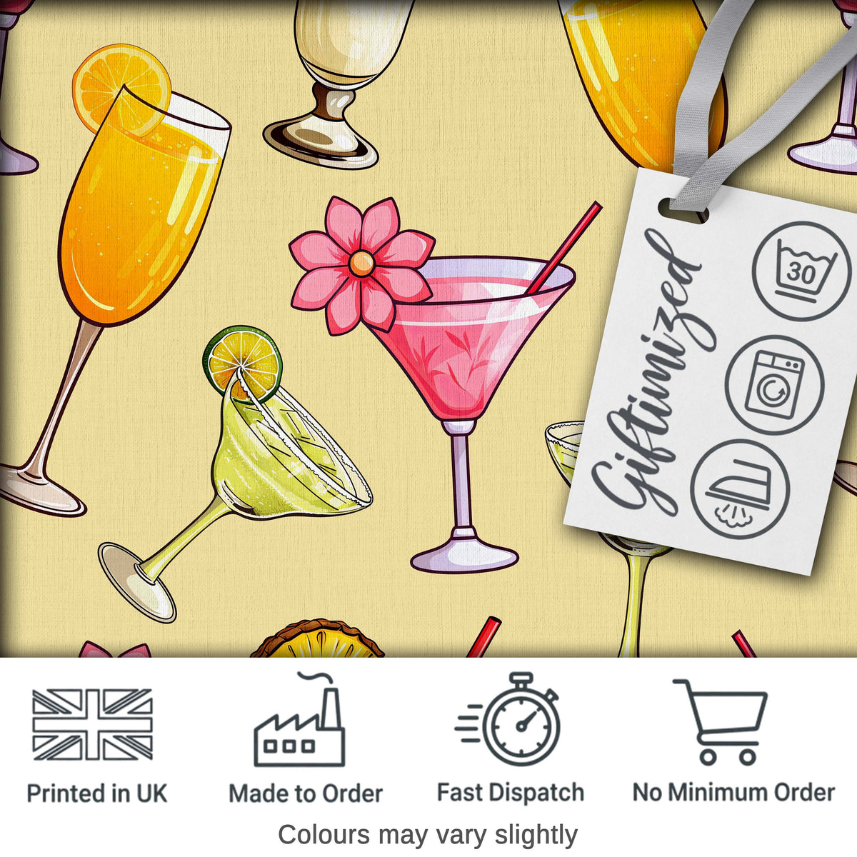 Colorful Cocktail Drinks Yellow Background Summer Party Seamless Pattern Digital Print Fabric by the Metre UK Sewing Quilting Textile